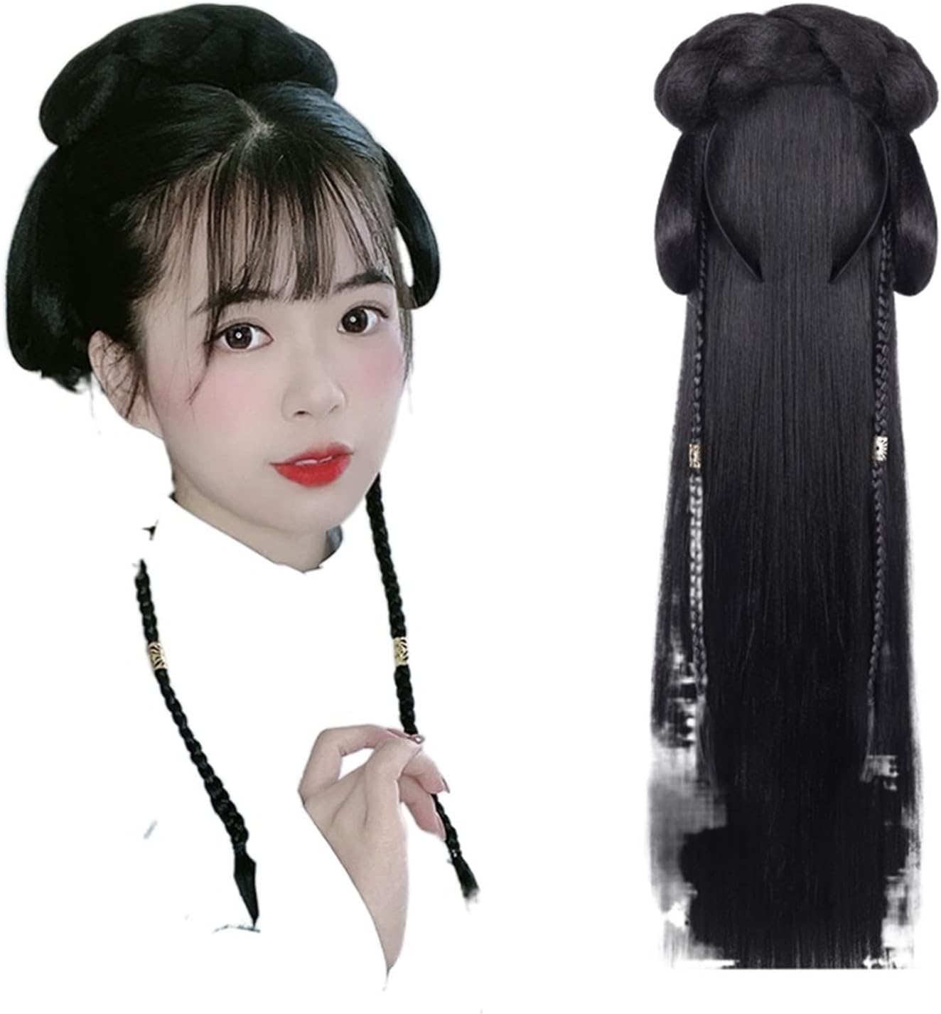 Hanfu Wig Headband Women Chinese Style Hair Piece Antique Modeling Cosplay Pad Hair Accessories Headdress Black (Color: FG31)