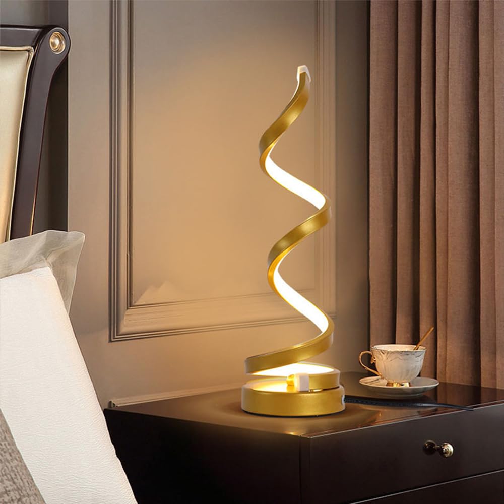 ABLIN Lampada da tavolo a LED a spirale, Lampada da comodino moderna da scrivania curva Lampada da comodino 12W Luce notturna per camera da letto soggiorno ufficio (Luce bianca, Oro