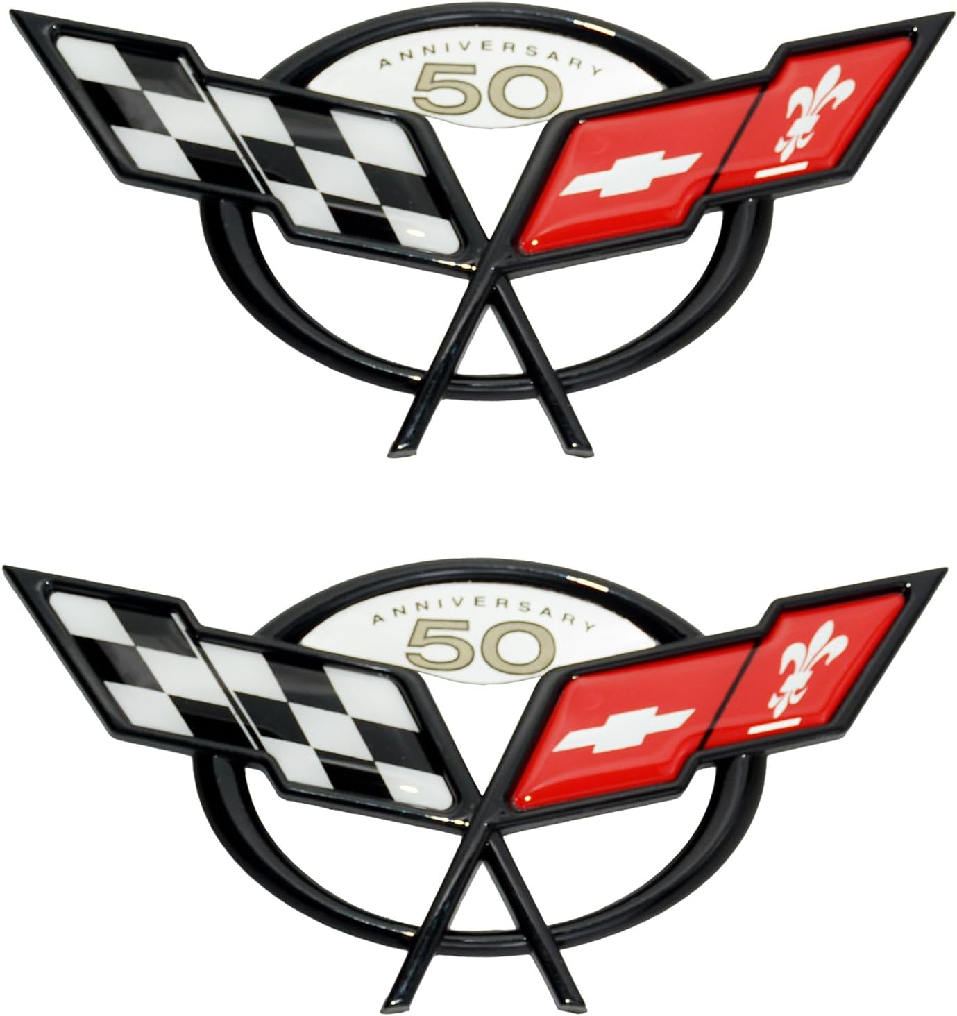 Pair Set Front Rear 50Th Anniversary Cross Flags Emblems 3D Badge Replacement for 1997-2004 C5 Corvette (Black Red)