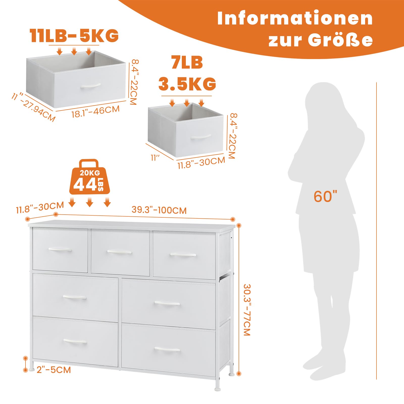 Sweetcrispy Kommode für Schlafzimmer, breite Schublade Kommode, 7 Stoffschubladen mit Griffen, Schrank, TV Stand für Schlafzimmer, Schrank, Wohnzimmer, Kinderzimmer
