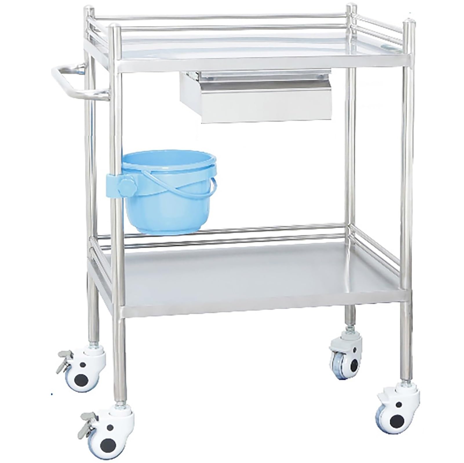 Carro médico de acero inoxidable de 2 niveles, carro rodante de laboratorio con 2 estantes y 1 cajón, mesa de trabajo de acero inoxidable con ruedas, para restaurante, almacén, hogar, cocina, garaje y