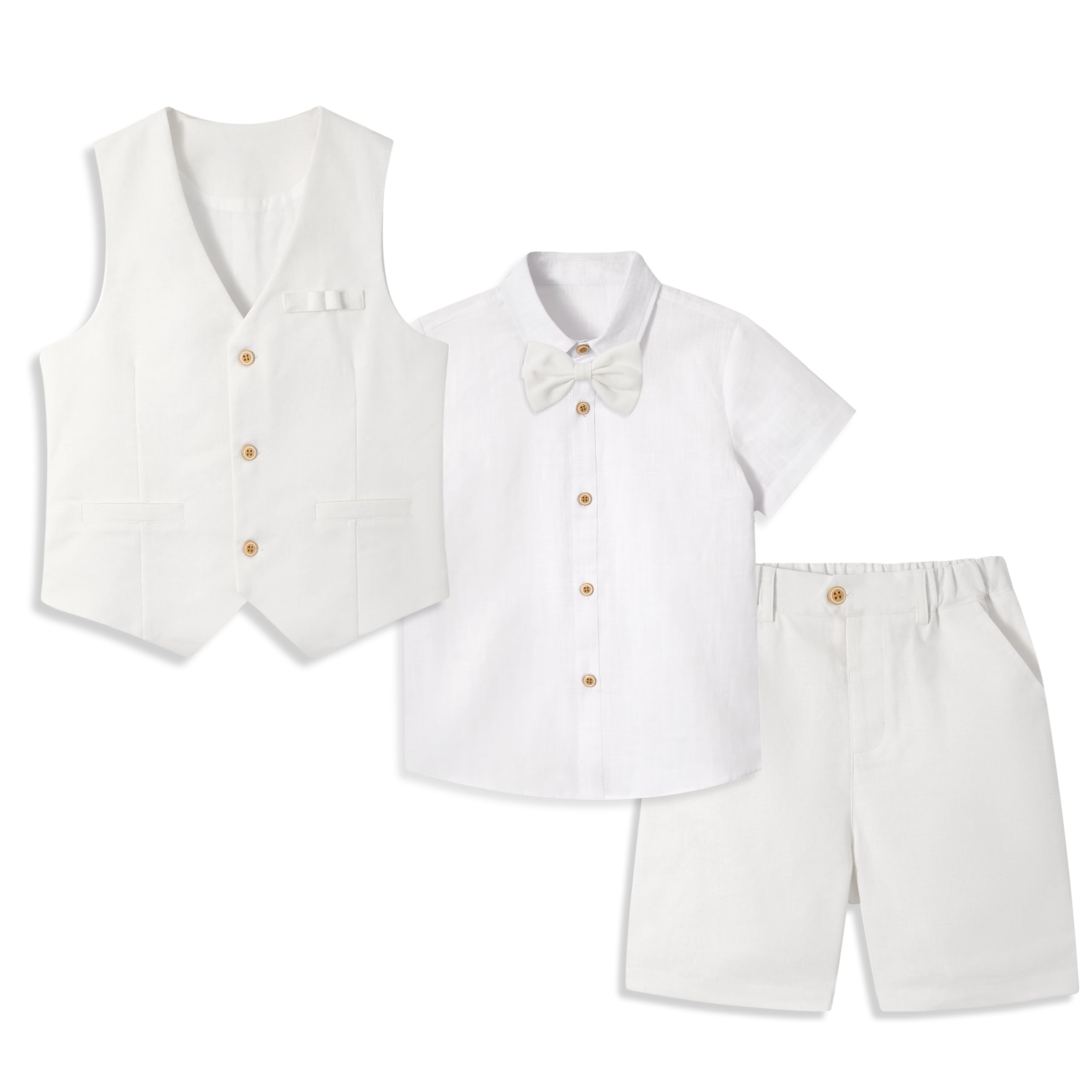 LOLANTA Traje de lino de 4 piezas para niños, traje de caballero de verano, chaleco de vestir, camisa, pantalones cortos, conjunto para playa, boda, graduación