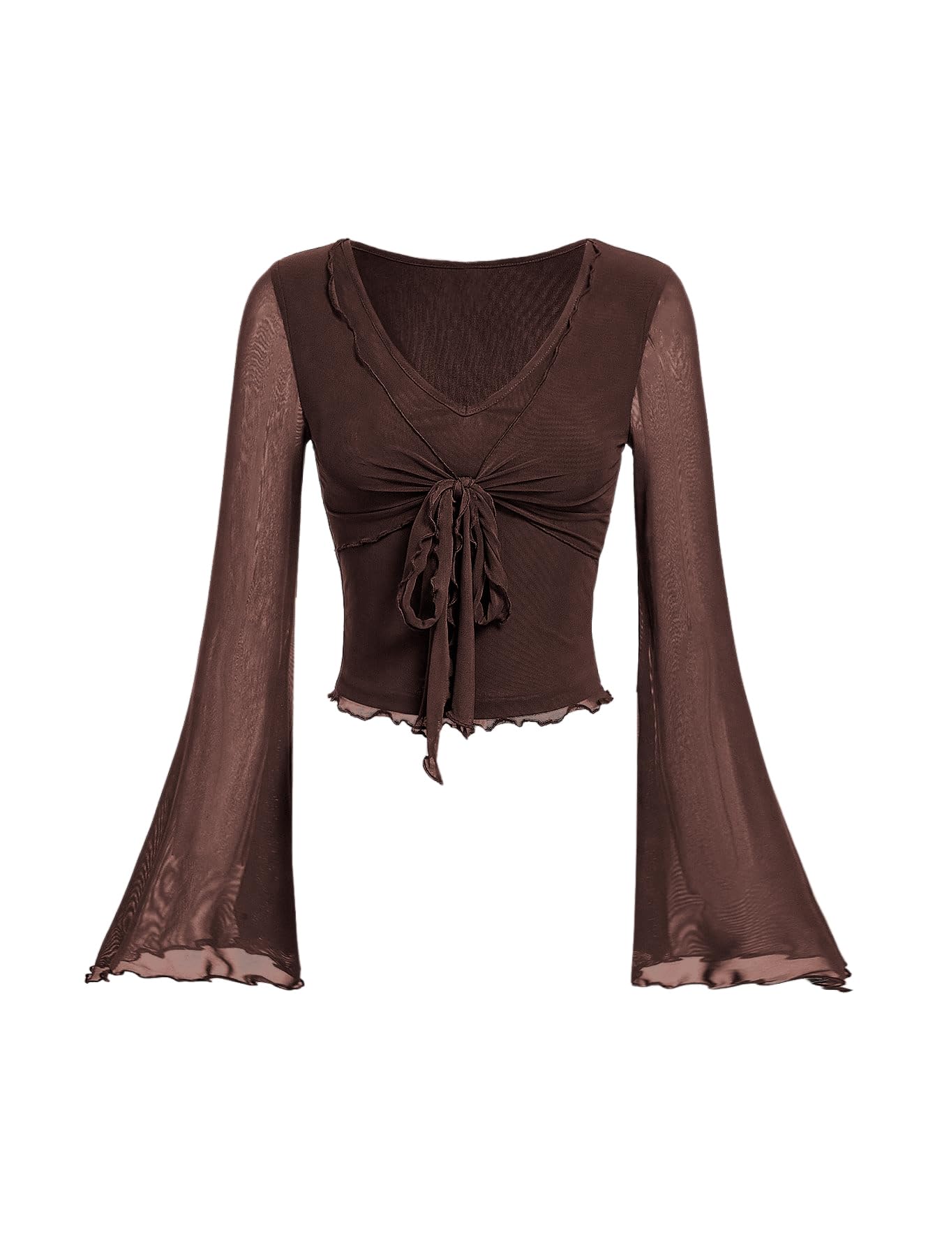 GORGLITTER Women's Tie Front Long Bell Sleeve Tops Ruched V Neck Sheer Mesh Tops