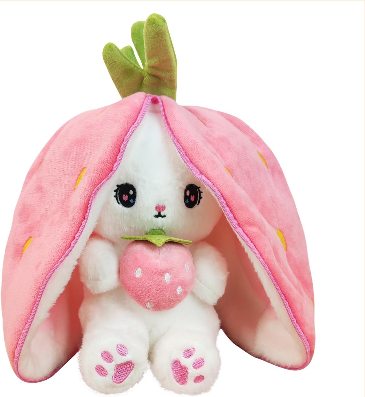Reversible Bunny Stuffed Animal, Carrot Rabbit Ears Zip Plush Stuffed, Fruit Bunny Plush, (A Strawberry Rabbit, 9.9inch)