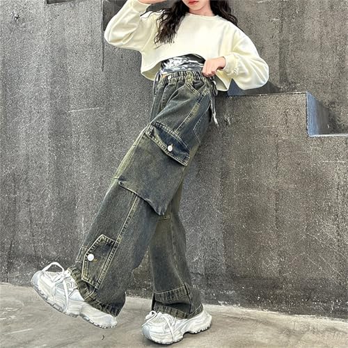 Girls Cargo Jeans Kids Stretchy Wide Leg Elastic Waist Denim Pants Flap Pockets Teens Casual Baggy Y2k Vintage Streetwear4