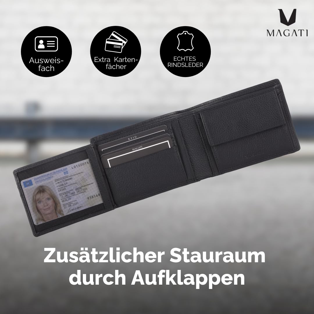 MAGATI IL Toro Portafoglio classico con scomparto per monete, protezione RFID – Mini portafoglio da uomo e da donna piccolo – Porta carte – Porta carte – Porta carte – Portafoglio, nero, Classic