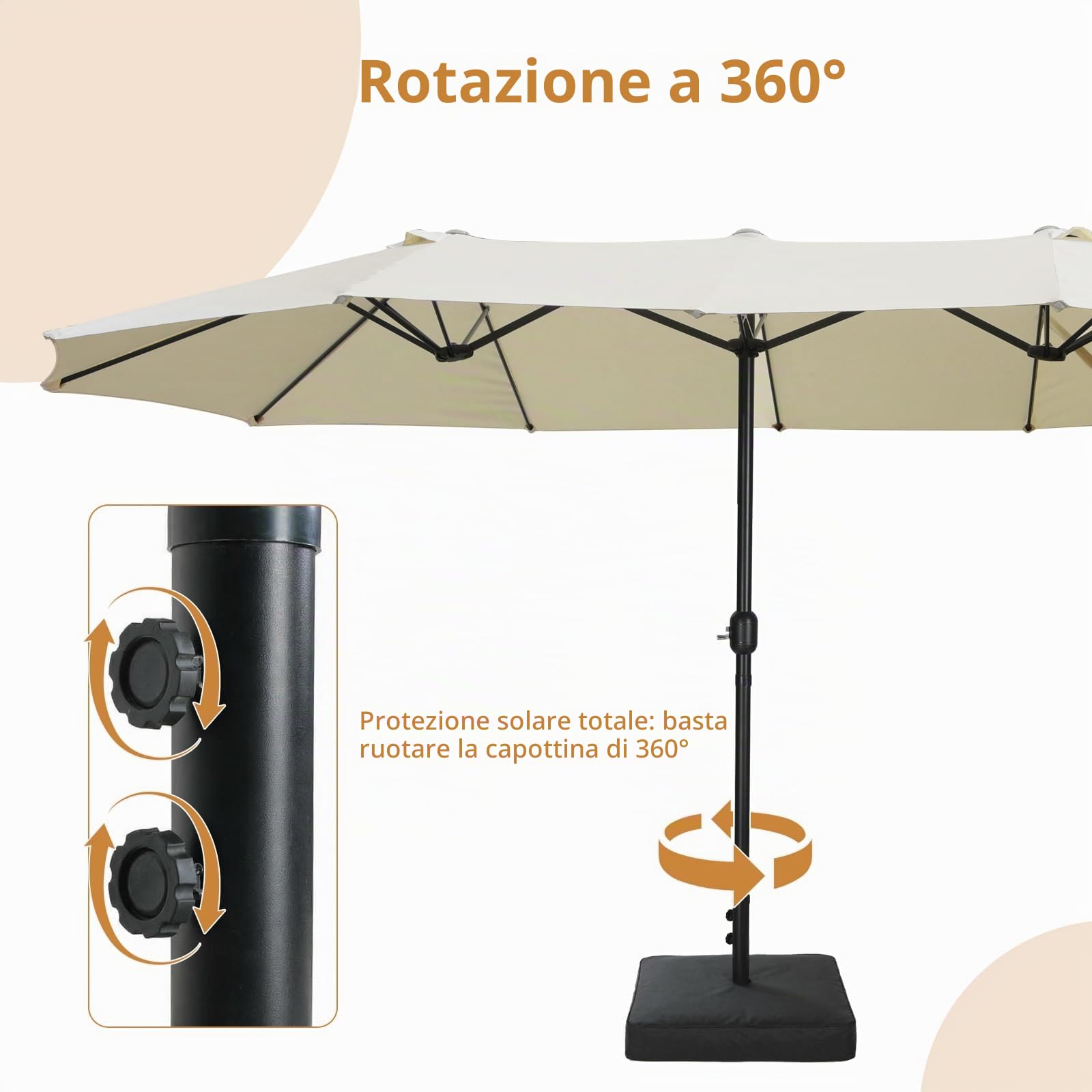 VOWNER Ombrellone da Giardino, Doppio da Patio Rettangolare, con Sistema di Apertura e Chiusura Manovella, con Base & Manovella, 4,4 x 2,6 m, per Giardino, Esterno, Beige