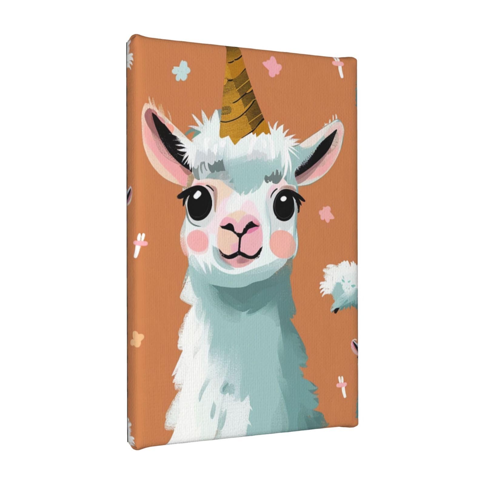 Ykljg Cute Llama Printed Wall Art Canvas Painting 20X30 Cm Wooden Framed Picture Painting Artwork Prints For Bedroom Kitchen Home Office Decor