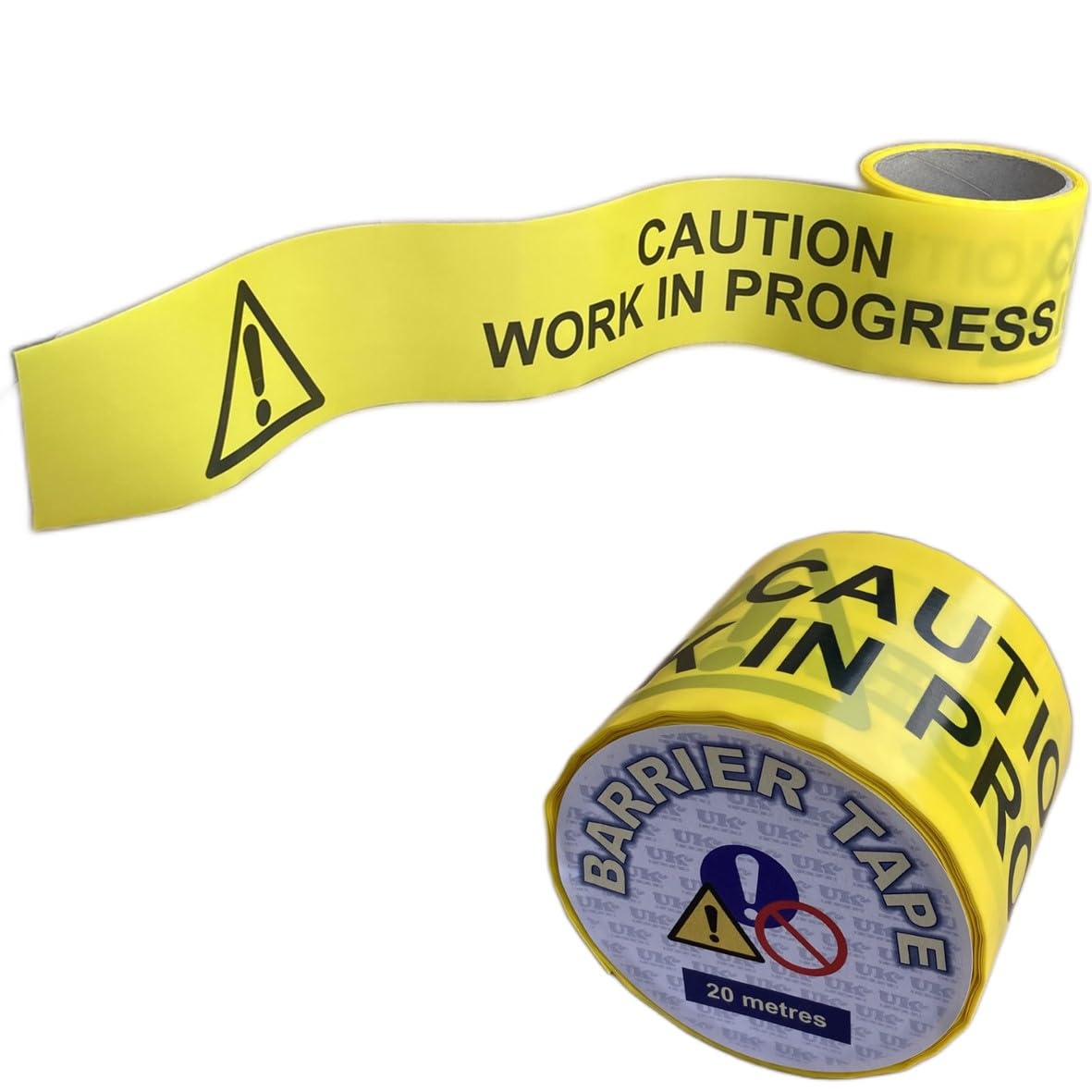 CAUTION WORK IN PROGRESS barrier tape - hazard warning cordon - non-adhesive plastic marking tape (75mm x 20M)