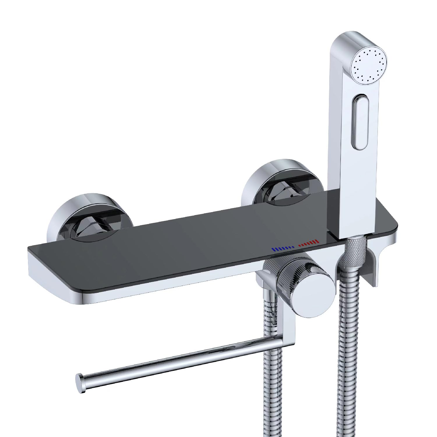 Ducha de mano de diseño con estante y soporte para rollos, juego completo con mezclador de montaje en superficie con válvula G1/2", estante integrado y portarrollos de papel
