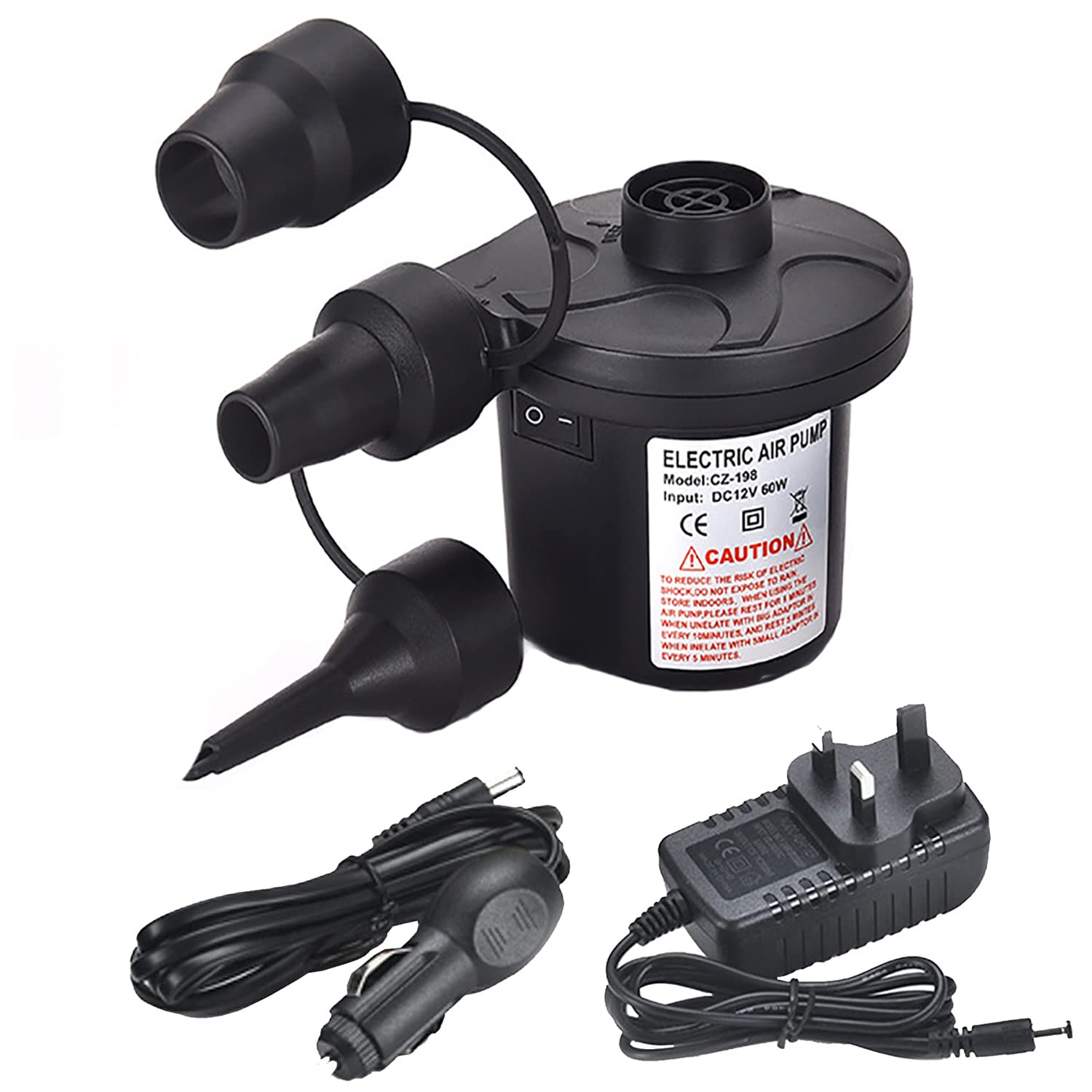 Electric Air Pump for Inflatables, 110-240V AC Home and 12V DC Portable Inflator/Deflator Pumps with 3 Nozzles, Air Pump for Outdoor Camping Mattress Air Inflatable Beds Boat