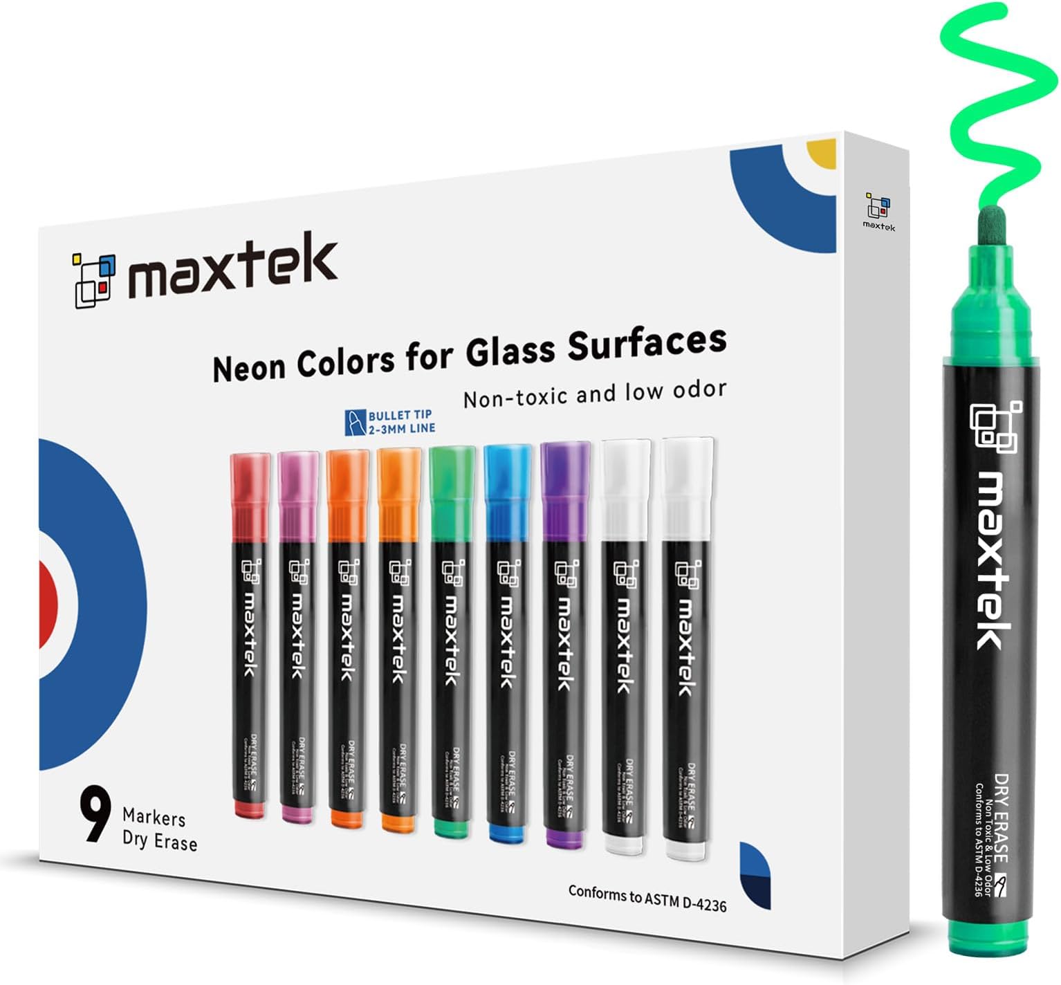 Maxtek Dry Erase Marker for Black Glass Board, Neon Chisel Tip Whiteboard Marker, 8 Colors, 9 Count, with 18 replaceable tips Low-Odor Ink for Black Windows, Car Windows, and Other Non-Porous Surfaces