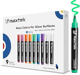 maxtek Neon Dry Erase Markers for Glass,Window Markers for Dry Erase Board,Chalkboard,LED Note Board,Acrylic Refrigerator Calendar,Bullet Tip,Low Odor,Assorted Colors,9 Count