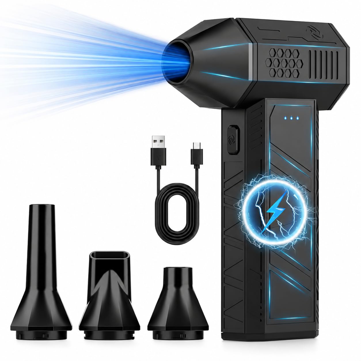 130,000 RPM Cordless Electric Air Duster with 3-Speed Turbo Blower for PC, Car & Home – Mini Compressed Air Cleaner with 3 Nozzles for Indoor & Outdoor Use
