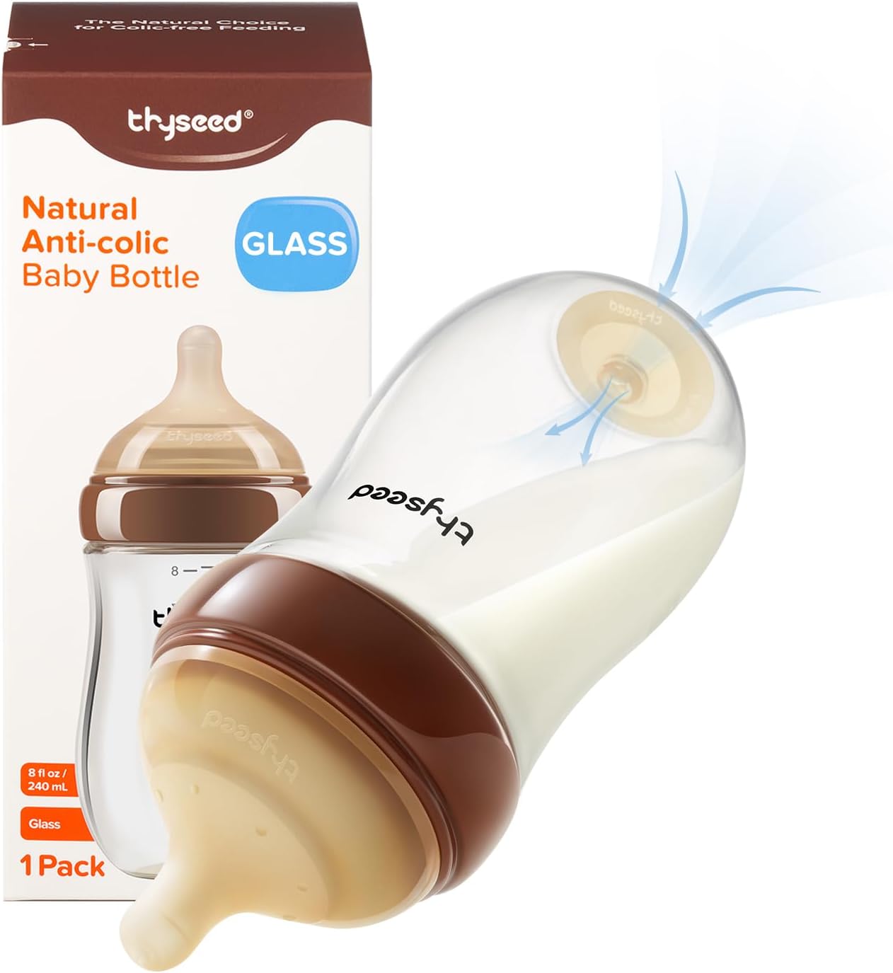 Thyseed Anti-Colic Glass Baby Bottle for Breastfed Infants, Paced Feeding, Breast-Like Newborn Medium Fast Flow Nipple (3m+), 8 oz, 1 Pack