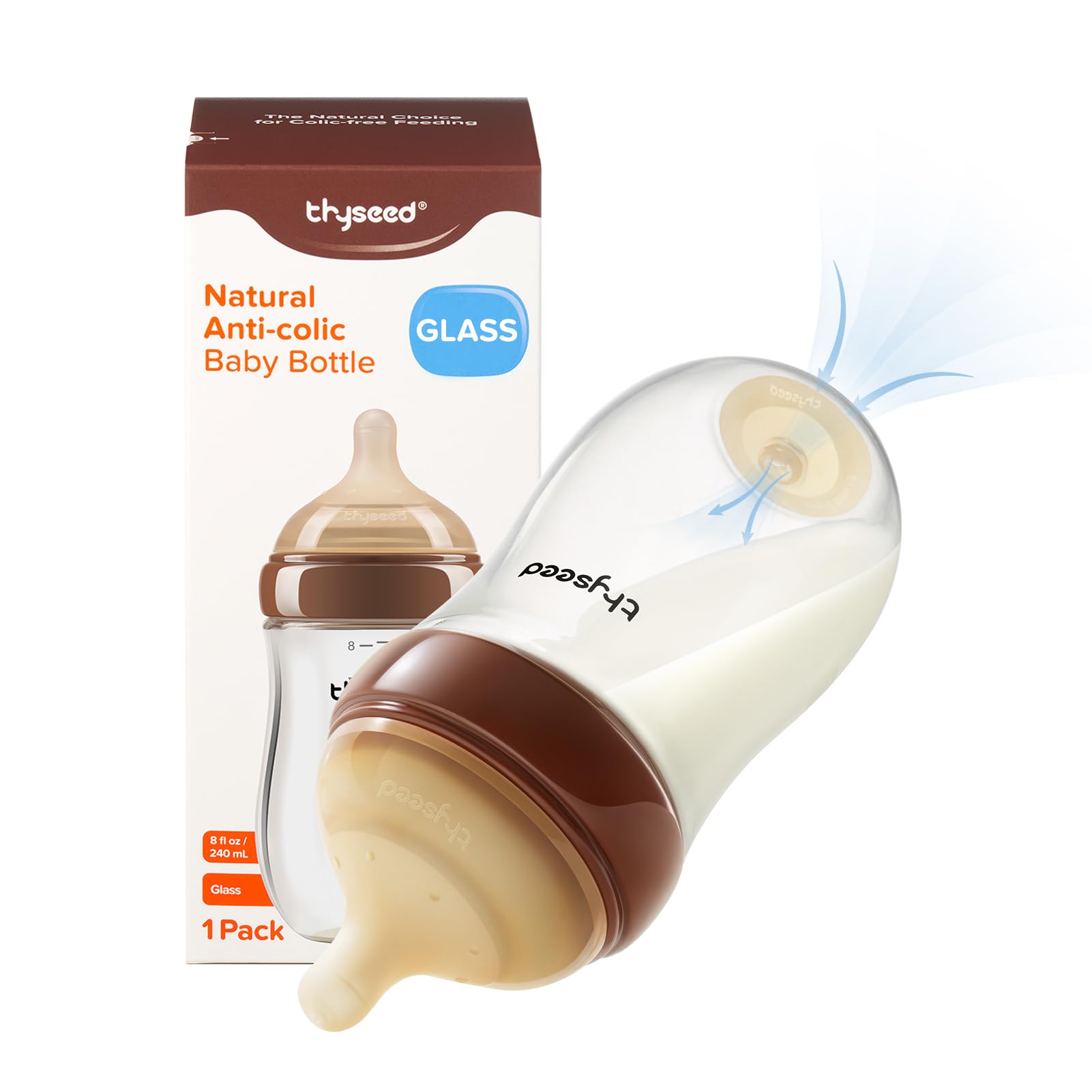 thyseedGlass Natural Anti-Colic Baby Bottles | Newborn Breast Like Nursing Bottle for Breastfed Babies with Nipple(3-7 Months),8oz,1pack