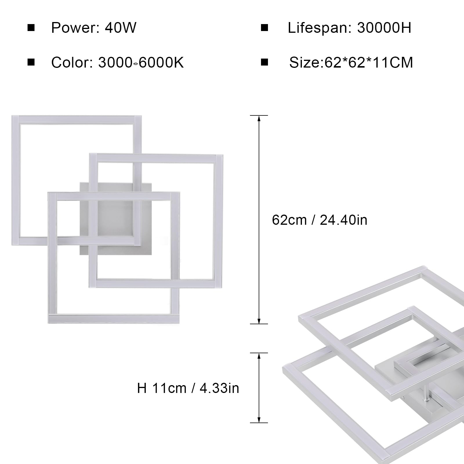 Lampadario LED Soffitto Dimmerabile, Plafoniera LED Soffitto con Telecomando 40W 5400LM, Moderno Lampada da ED Argenteo Quadrata 3000K-6500K per Soggiorno Camera da Letto Cucina, 62CM