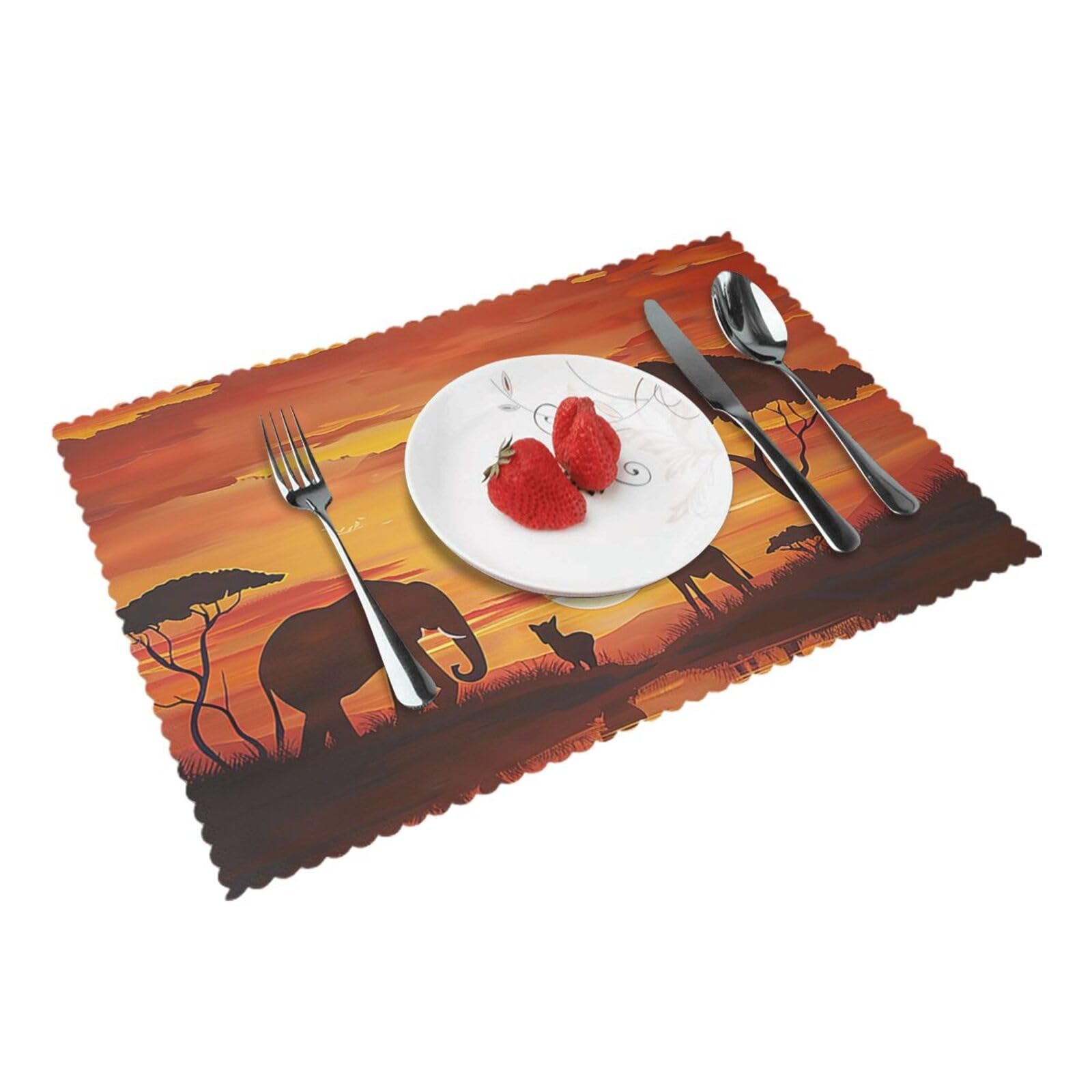 Elephant and Giraffe in The Sunset Printed Placemat Heat Resistant Place Mats Set of 4 PCS Washable Kitchen Table Mats, 12x18 Inch