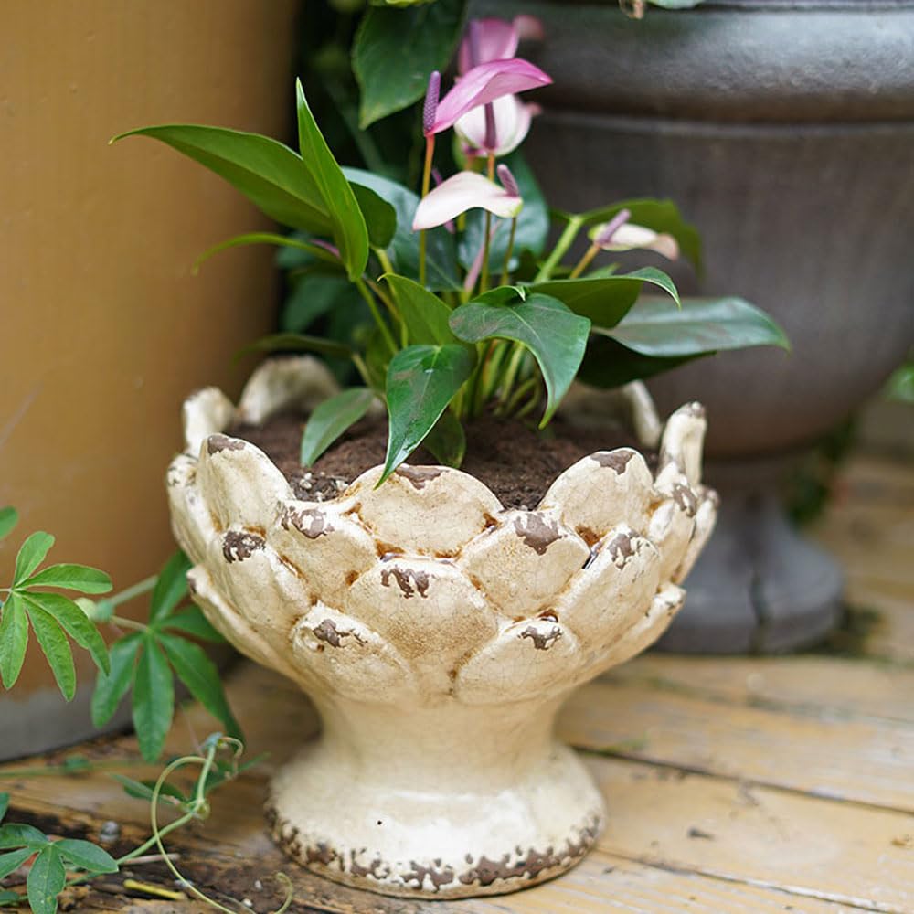 asdchZen 9.8Inch Retro Distressed Stoneware Relief Glazed Flowerpot Ceramic Planter Pot Indoor Cacuts Succulent Decor Modern Sculpture Flower Gifts Table Centerpiece Arts Crafts,Off