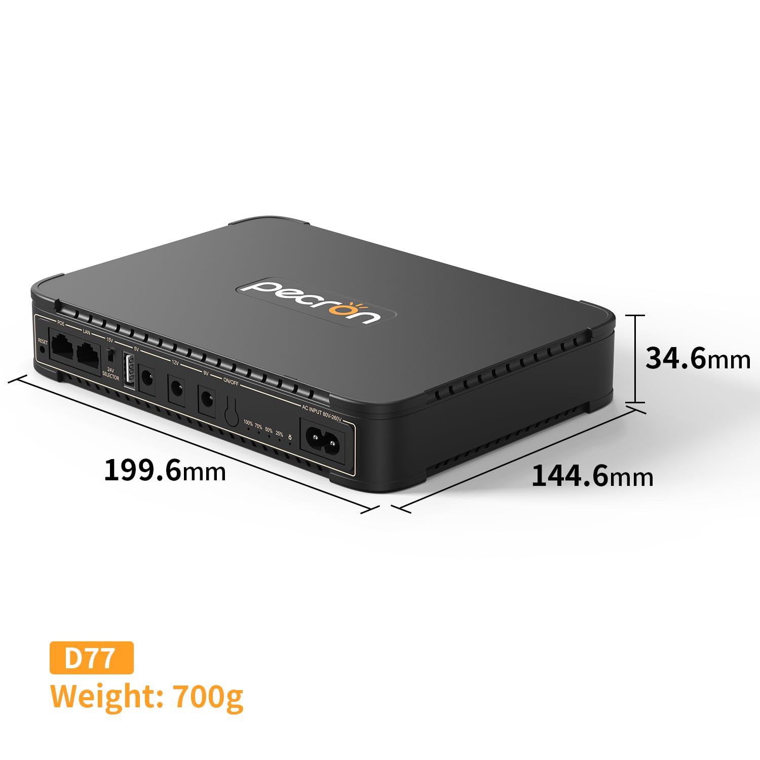 Pecron D77 DC UPS Batería de respaldo, 76.96Wh UPS pequeño para router WiFi/módem/cámara de seguridad/teléfono, fuente de alimentación ininterrumpida con puerto PoE, 5V/9V/12V DC5521 puerto, 5V USB-A