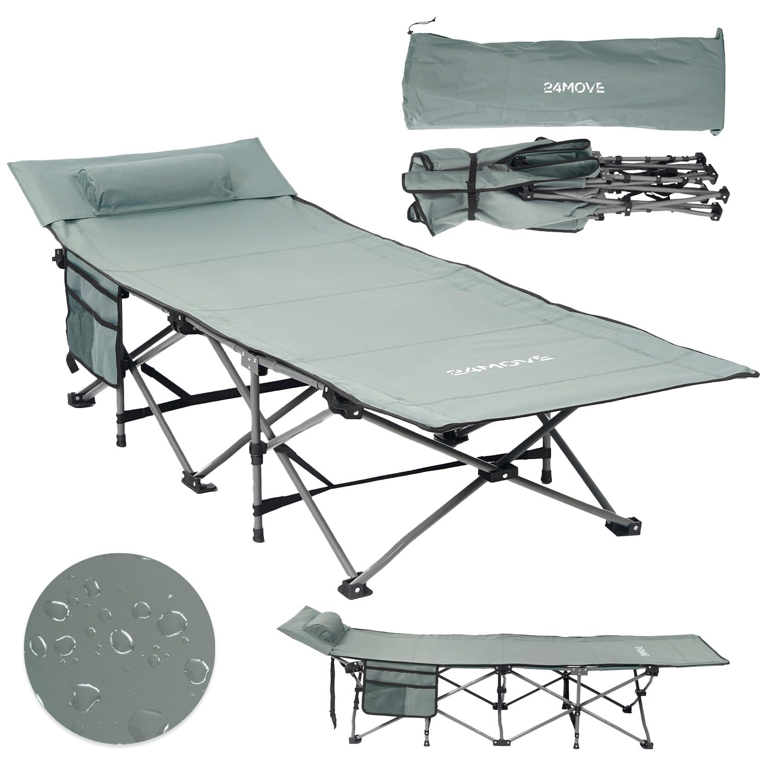24MOVE® Feldbett Campingbett bis 150 kg In-und Outdoor Camping faltbar, 190 x 67 x 34cm, tragbar mit Tasche, für Garten oder Reisen, grau
