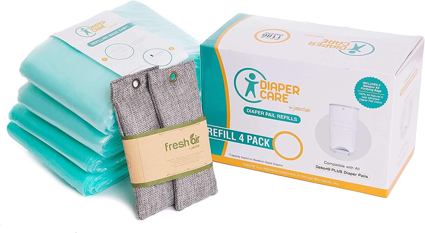Jasclair Refill Bags Compatible with Dekor Plus Diaper Pail (4 Pack) | Odor-Locking Multi-Layer Liners | Light Baby Powder Scent | Leak-Resistant & Easy to Use | Not for Dekor Classic