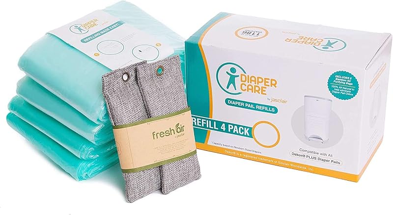 Bolsas de repuesto para cubo de pañales Dekor Plus - Paquete de 4 forros para control de olores | Película de bloqueo de olores multicapa; aroma a talco para bebés; Rollo Continuo; No para CLASSIC o MINI