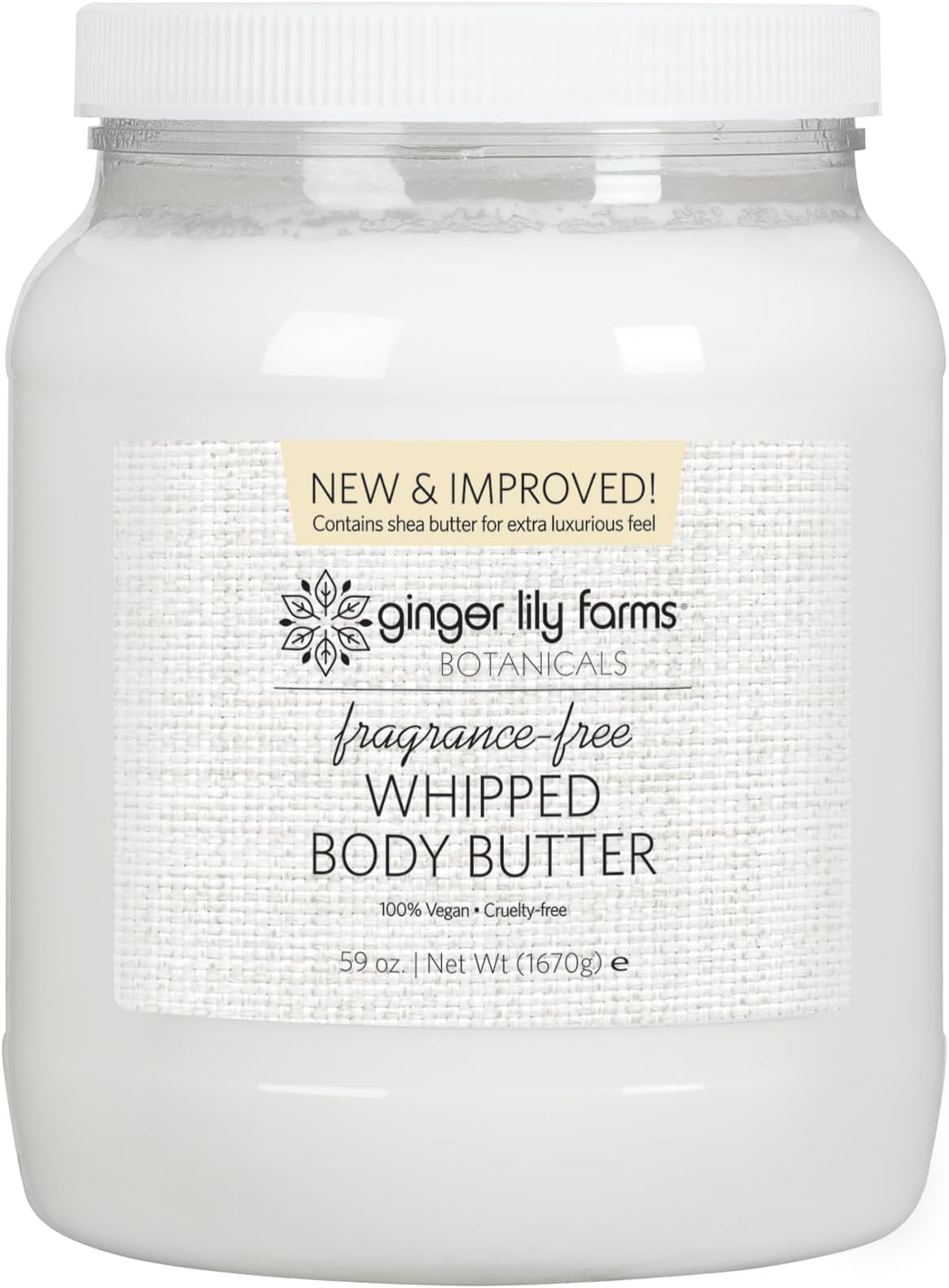 Ginger Lily Farms Botanicals Whipped Body Butter for Dry Skin, Ultra-Hydrating, 100% Vegan & Cruelty-Free, Fragrance-Free, 59 Ounces
