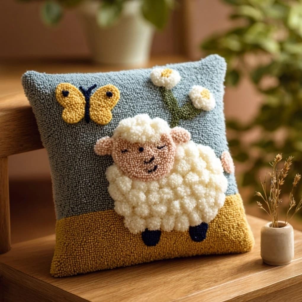WallustrioaW Latch Hook Pillow Kit -Sheep and Butterfly Embroidery Art Craft Kit - All Ages - Unisex - 43X43Cm