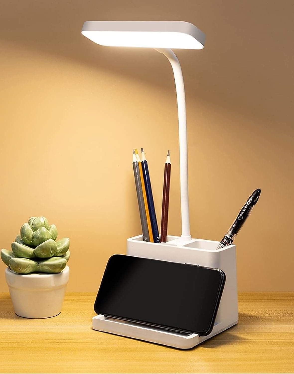 SaleOn Plastic Rechargeable LED Desk Lamp for Students,Home & Office|Touch Control Table Lamp with 3 Color Modes|6 Month Warranty|Phone & Pen Holder Desk Organizer|Study & Reading Light,White