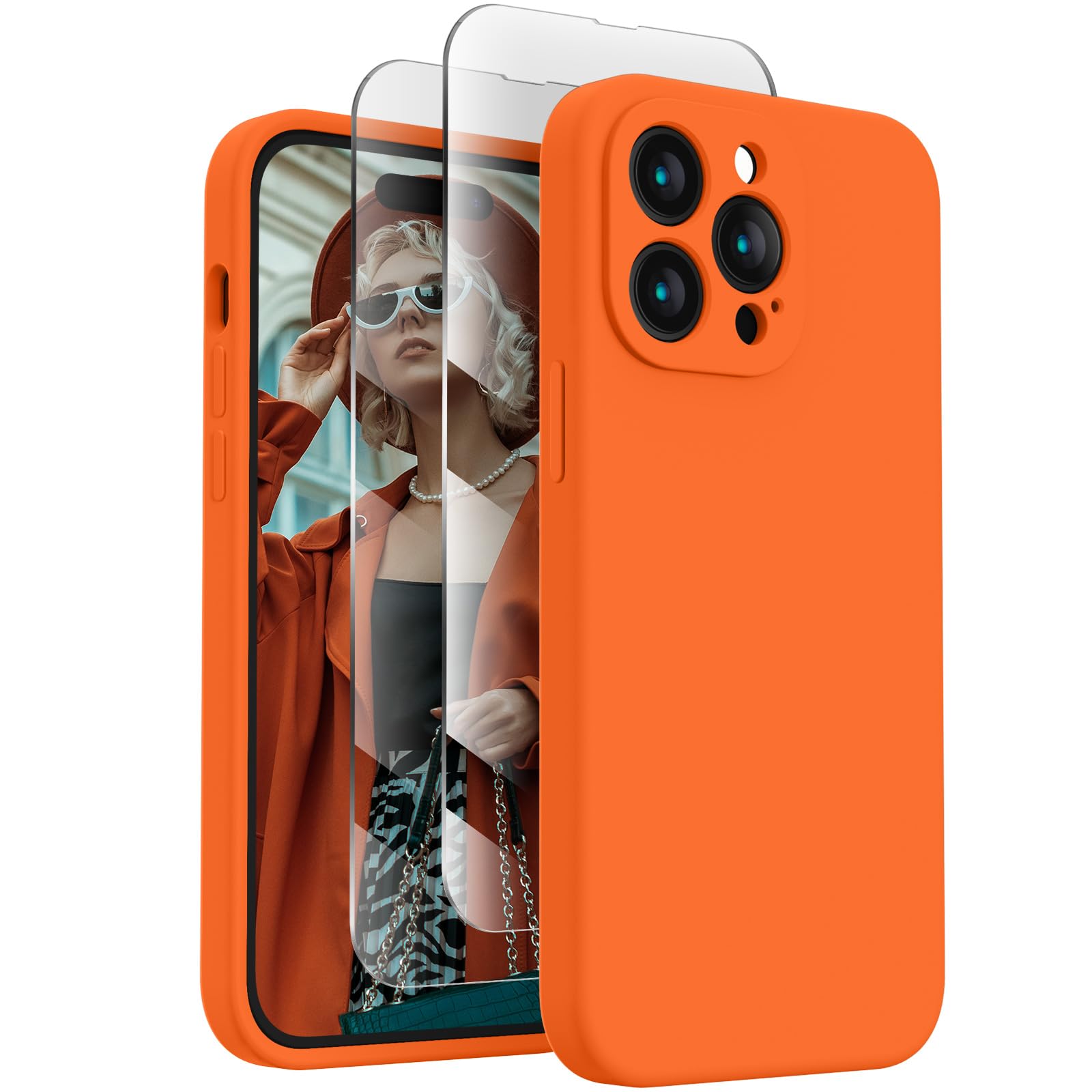FireNova Funda para iPhone 14 Pro, funda de silicona mejorada [protección de cámara] con [2 protectores de pantalla], forro interior de microfibra suave antiarañazos, 6.1 pulgadas, naranja neón