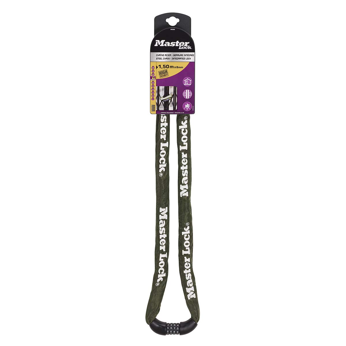 Master Lock Cadenas chaîne avec Gaine en nylon et serrure à Combinaison intégrée 1500 x 8 mm 8028EURD Vert