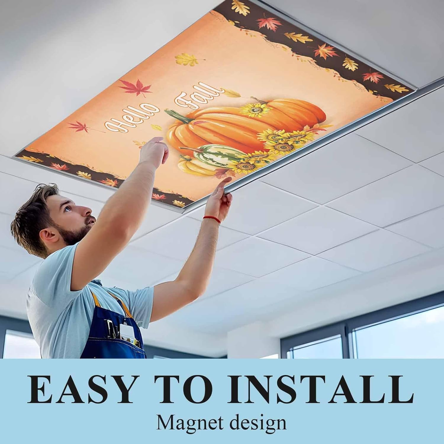 Hello Fall Pumpkins Fluorescent Light Covers for Ceiling Lights 4x2 feet,4 Pack Magnetic Light Filters for Classroom,Thanksgiving Harvest Sunflower Maple Fluorescent Lamp Shade Panel for School