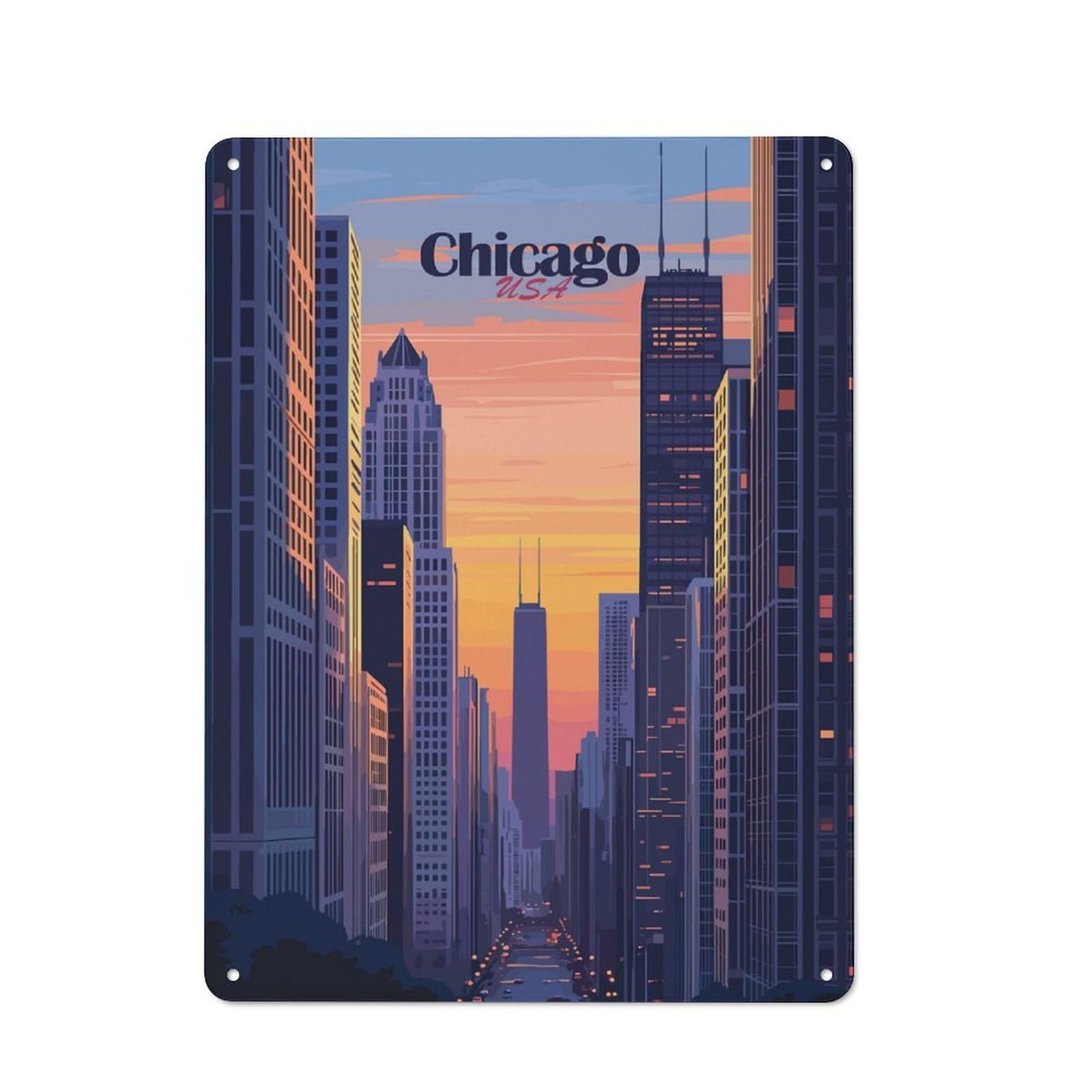 Chicago Skyline Sunset Decorative Tin Sign 40x30cm, Old Fashioned Vintage Wall Decor for Lounge, Study, Pub Or Wall Gallery