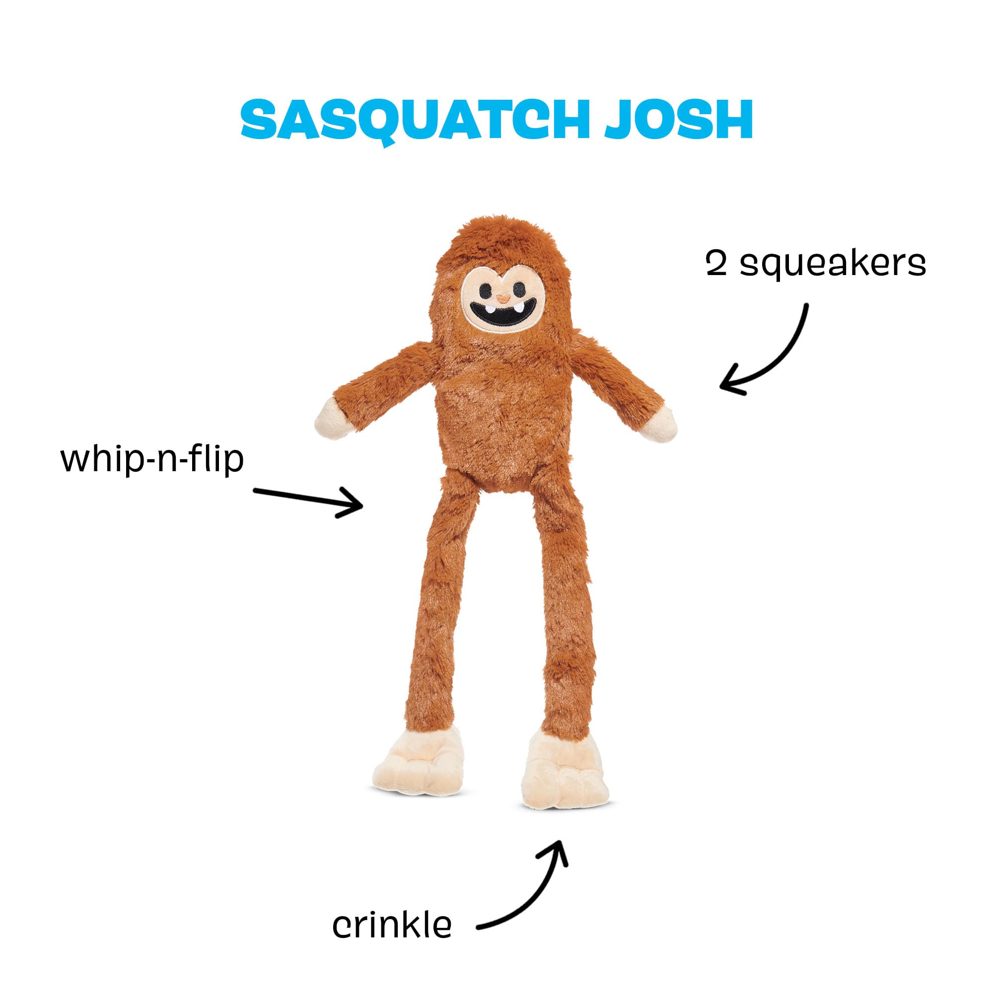 Bark Dog Toy Sasquatch Josh Two Squeakers, Long Whip-N-Flip Limbs, Crinkle Sound, Plush Toy For Dogs, brown, large - Image 2