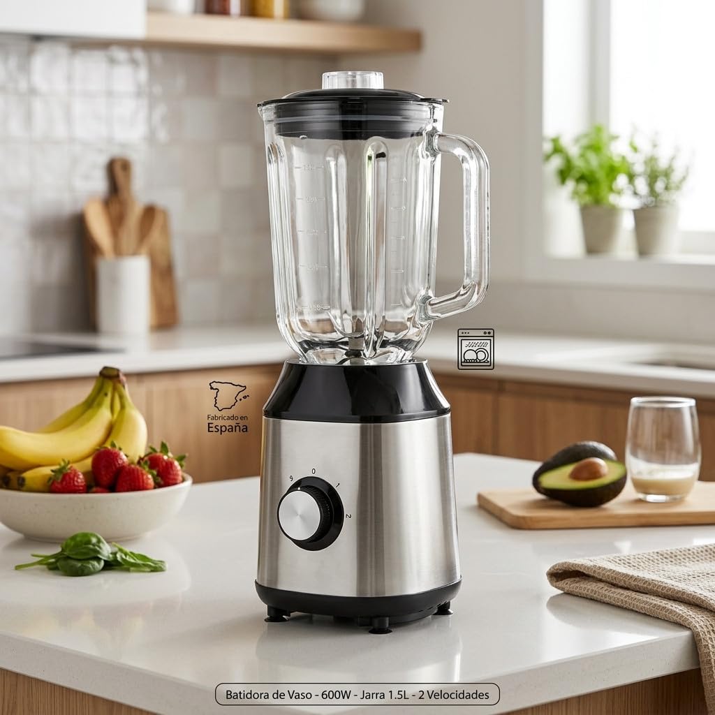 Suinga Frullatore a bicchiere in acciaio inox da 1,5 litri, 600 W e 2 velocità, dimensioni 17,8 x 17,8 x 40 cm