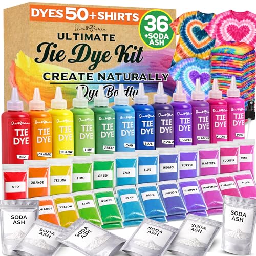 Jim&Gloria Tie Dye Kit, 36 Tiedye Powder 12 Larger Bottles Fabric Dyes for Clothing, Permanent Dye with Soda Ash Tie Dye Kits for Large Groups Paint Party...