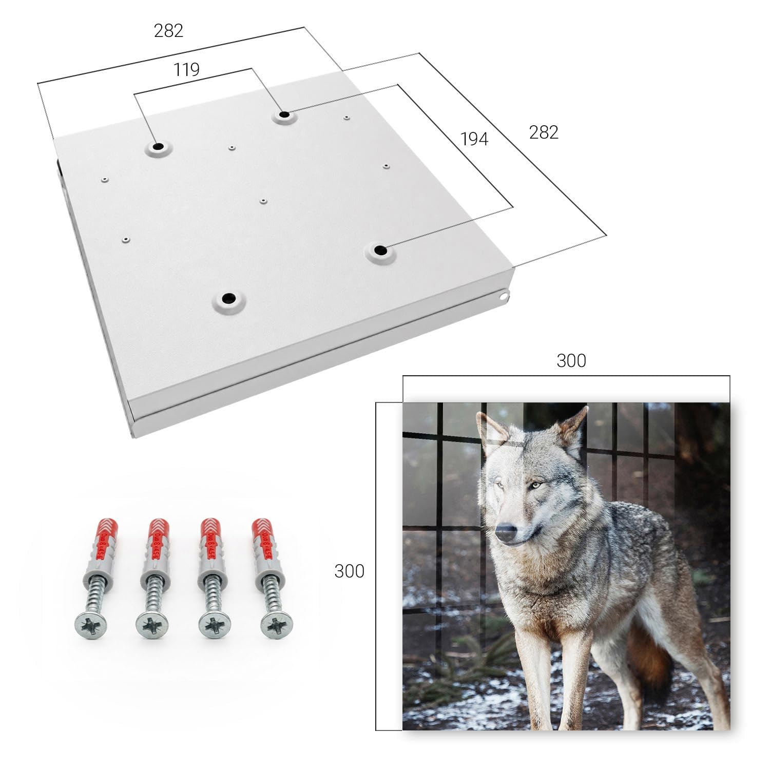 Tulup Armario de Llaves 30x30 cm | Blanco | Derecha | Montaje en Pared | El lobo en el bosque | Frente Decorativo de Cristal | Organizador | 50 Ganchos | de Metal | Kit de Montaje Incluido