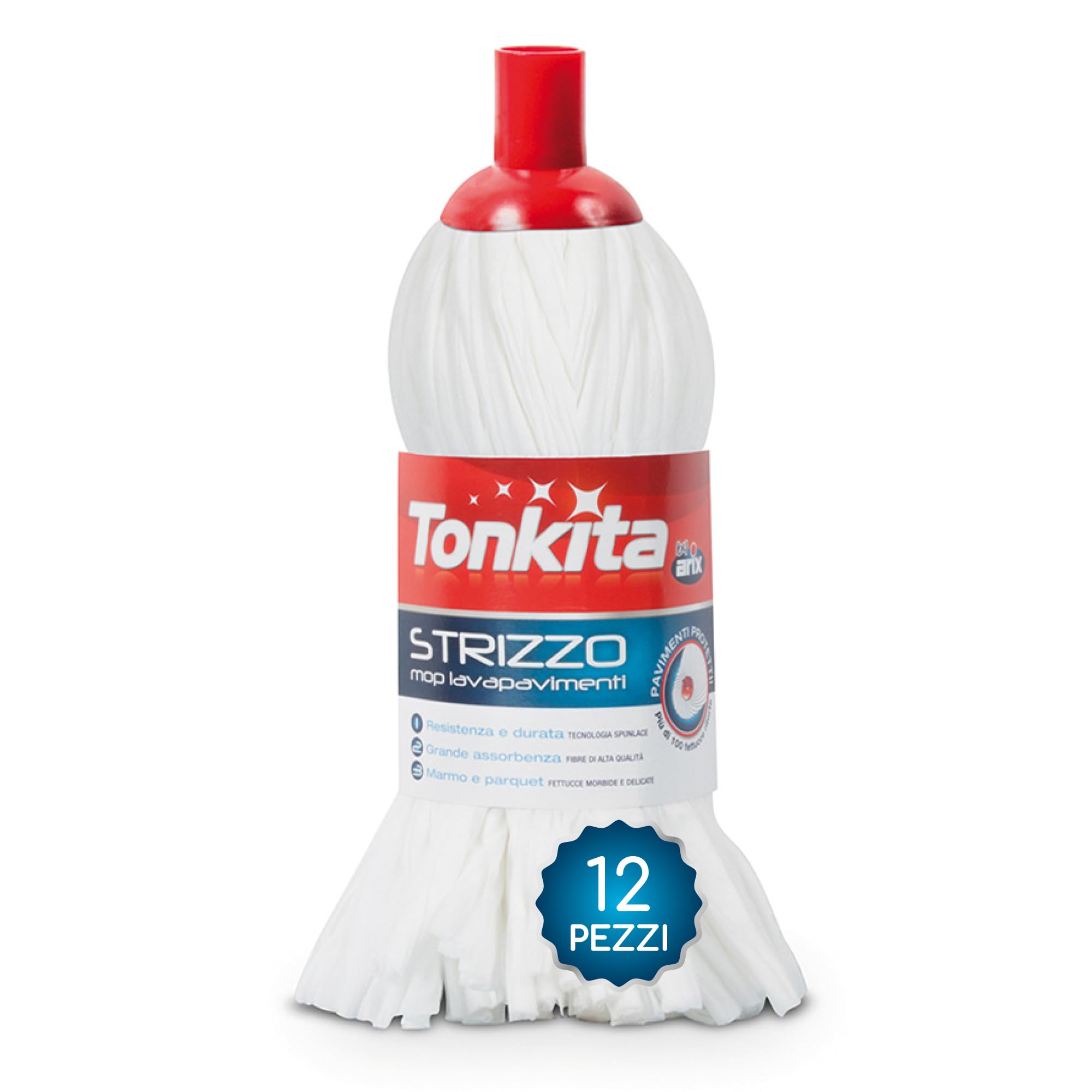 TONKITA | 12 Strizzo Mop Lavapavimenti, Mocio Lavapavimenti Altamente Pulente ed Assorbente Fibre trattate Spunlace, Per Tutti i Tipi di Pavimenti, Ultra Fitto, Ricambio Mop - Confezione da 12 Pezzi