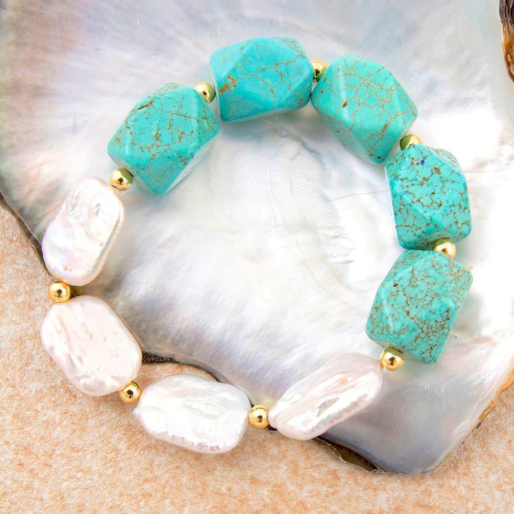 Barse Jewelry Hepburn Blue Magnesite and Pearl Golden Chunky Stretch Bracelet