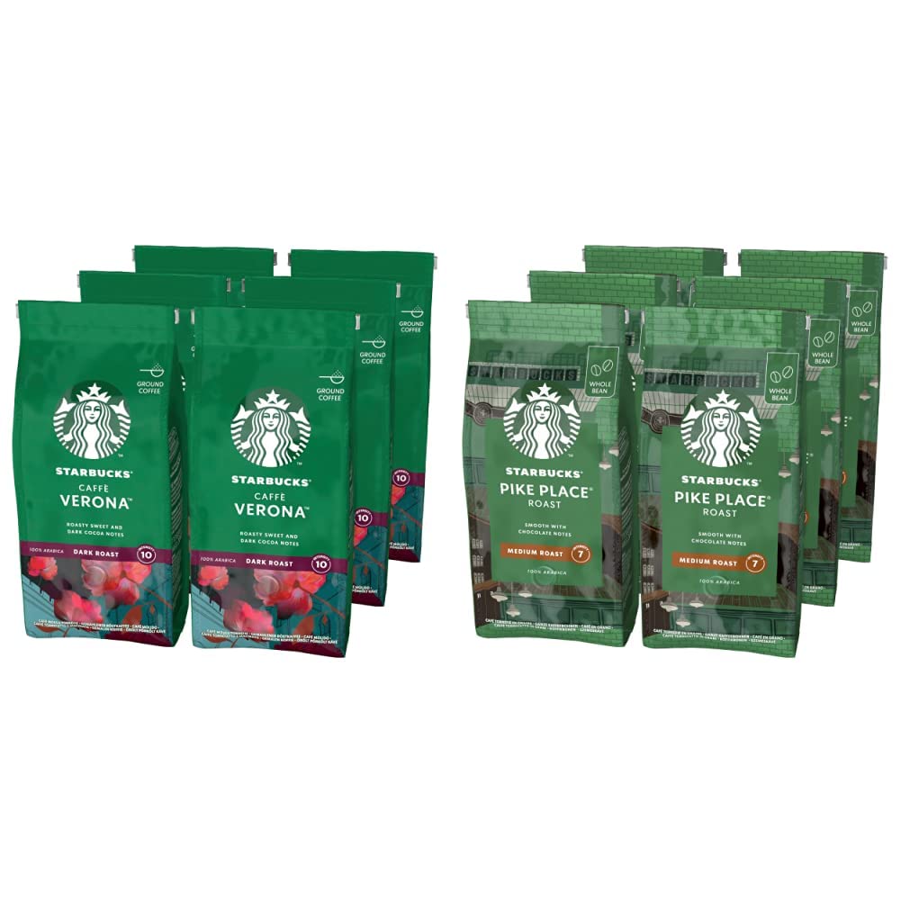 STARBUCKS Pike Place Roast Ganze Kaffeebohnen, Mittlere Röstung (6 x 200g) & Caffe Verona Filterkaffee, Röstkaffee gemahlen, Dunkle Röstung (6 x 200g)