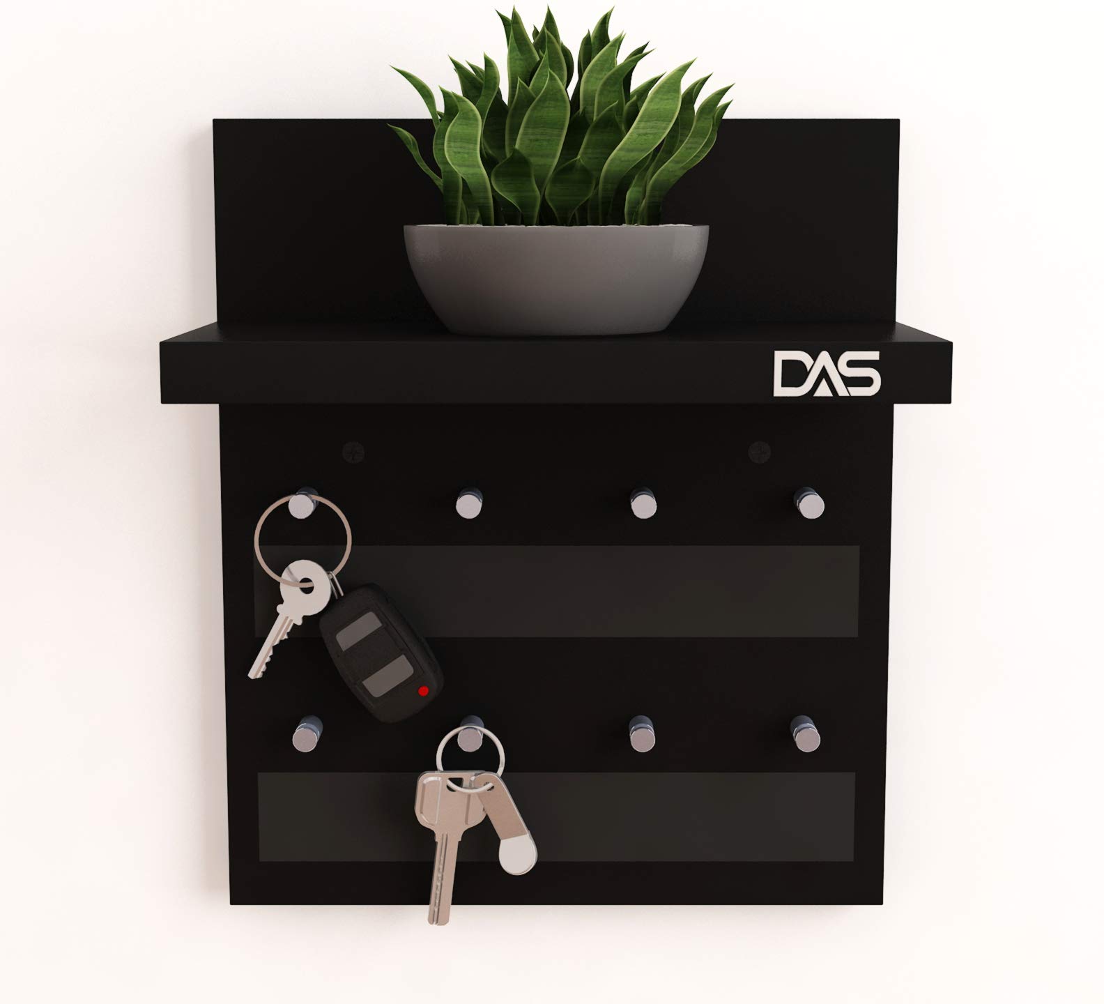 DAS Engineered Wood Wall Mounted Home Dcor Key Chain Holder/Organizer Key Hooks with Wall Shelf Display Rack for Home and Office Walls Classic Series Black (8 Knobs)- Larose