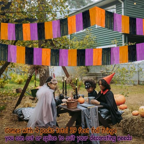 Image of 4 Packs 39 Feet Halloween Parade Floats for Trailer Car, Foil Fringe Garland Tinsel Streamers Banner Table Skirts for Halloween Dia De Los Muertos Homecoming BBirthday (Black Orange Purple)