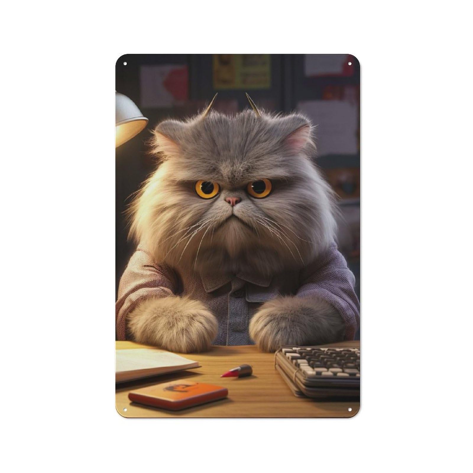 Junmoney Style-11 Angry Fluffy Cat Studying Vintage Metal Plaque 30X20cm For Hobby Room Or Studio, Suited To Hobby Room Decor Fans