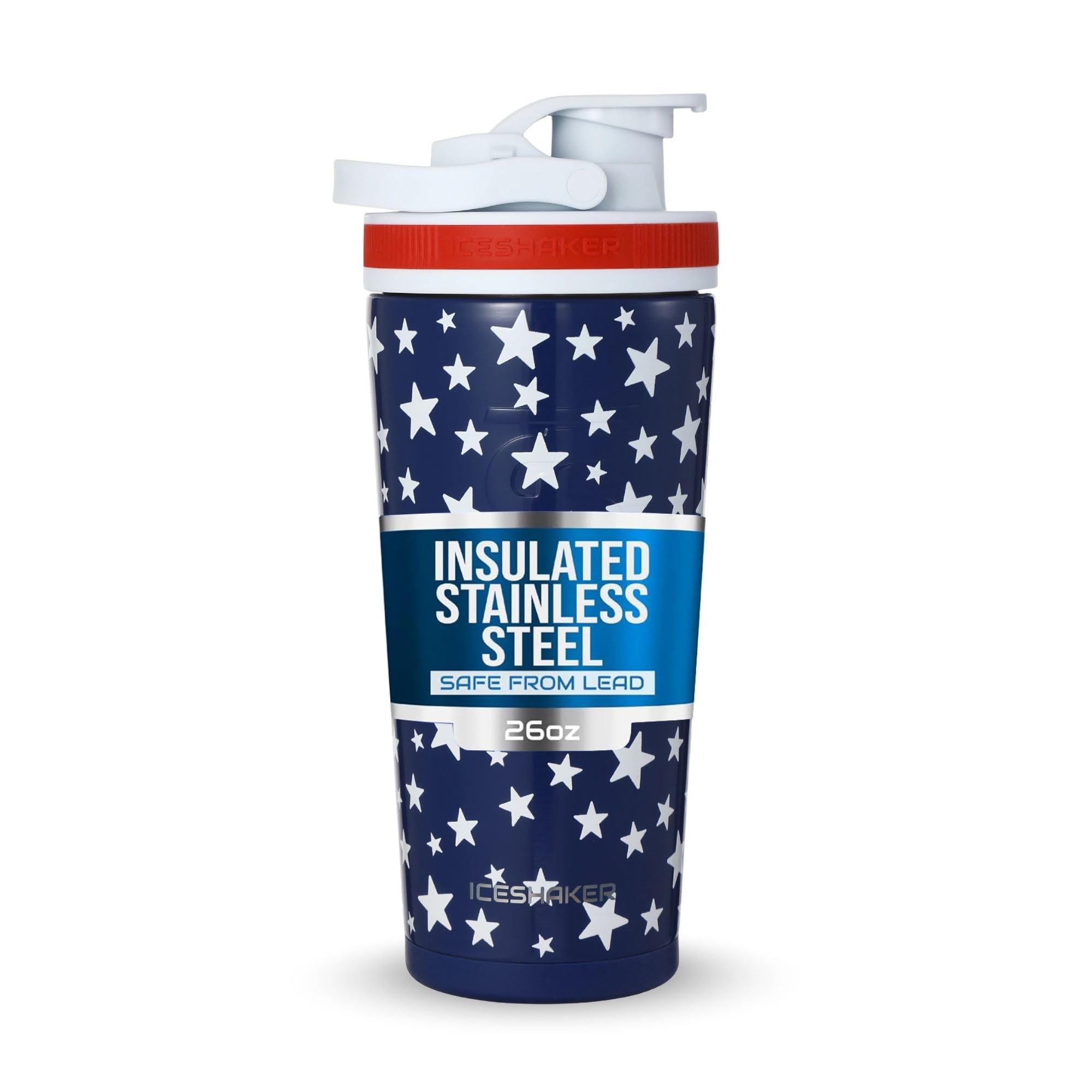 Ice Shaker Insulated Stainless Steel Shaker Bottle | 26oz, Star Spangled | Cold for 30+ Hours | Insulated Cup with Twist-on Agitator | Odor-Free Bottle for Protein Shakes, Water, Smoothies, Cocktails