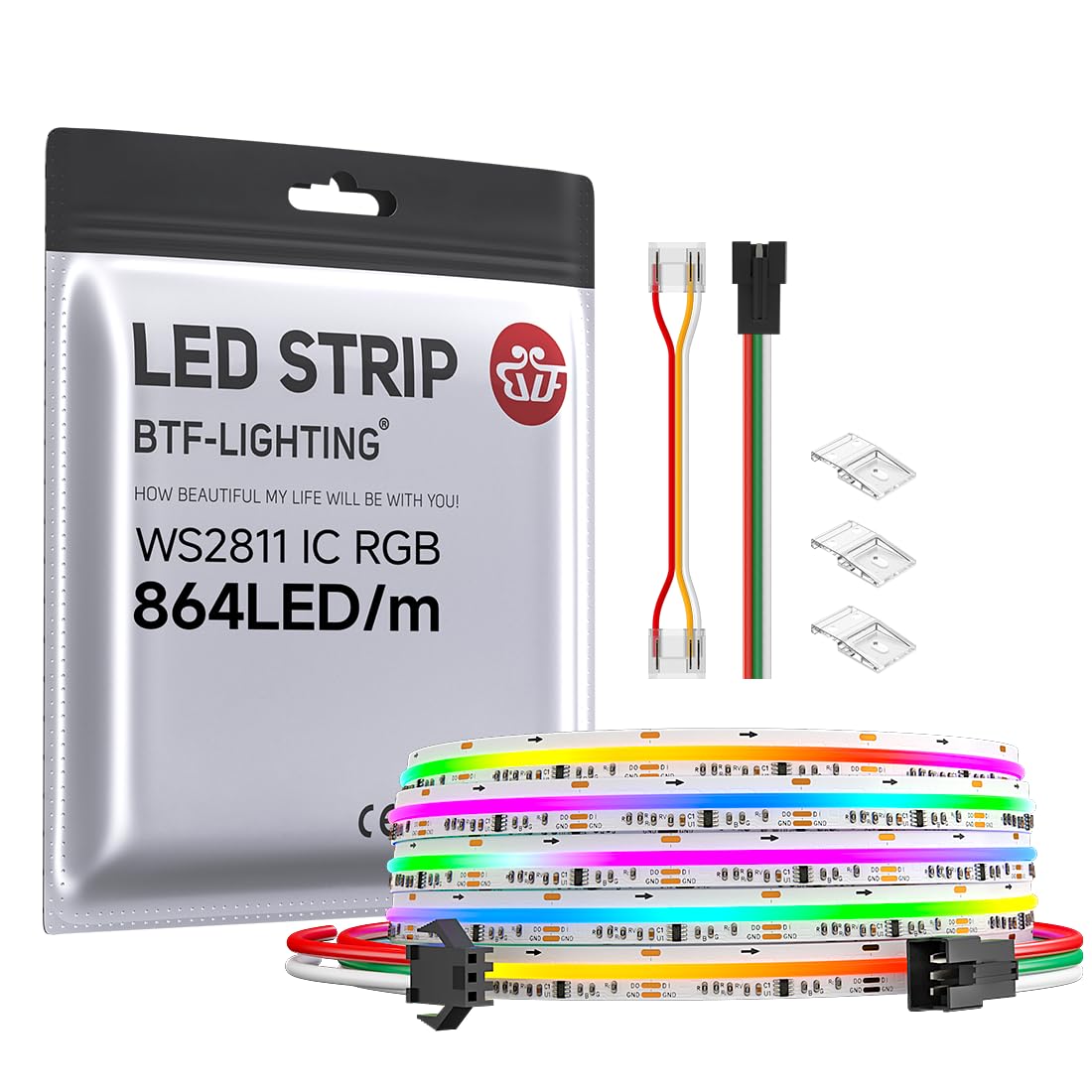 BTF-LIGHTING FCOB WS2811 IC RGB COB LED Strip 864LED/m Flexible High Density Color Chasing Uniform Light DC24V 9.8FT 24IC/m 12mm Width for DIY Lighting Project(No Adapter or Controller)
