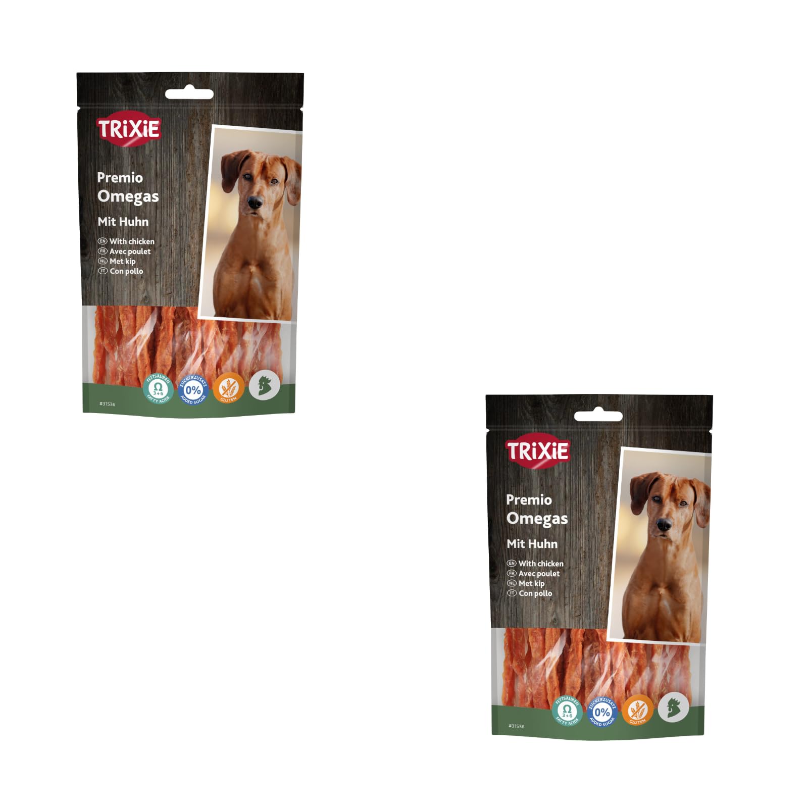 TRIXIE Premio Omega Stripes | Confezione Doppia | 2 x 100 g | Alimento complementare per cani con alto contenuto di carne di pollo | Ricco di acidi grassi essenziali Omega-3 e Omega-6