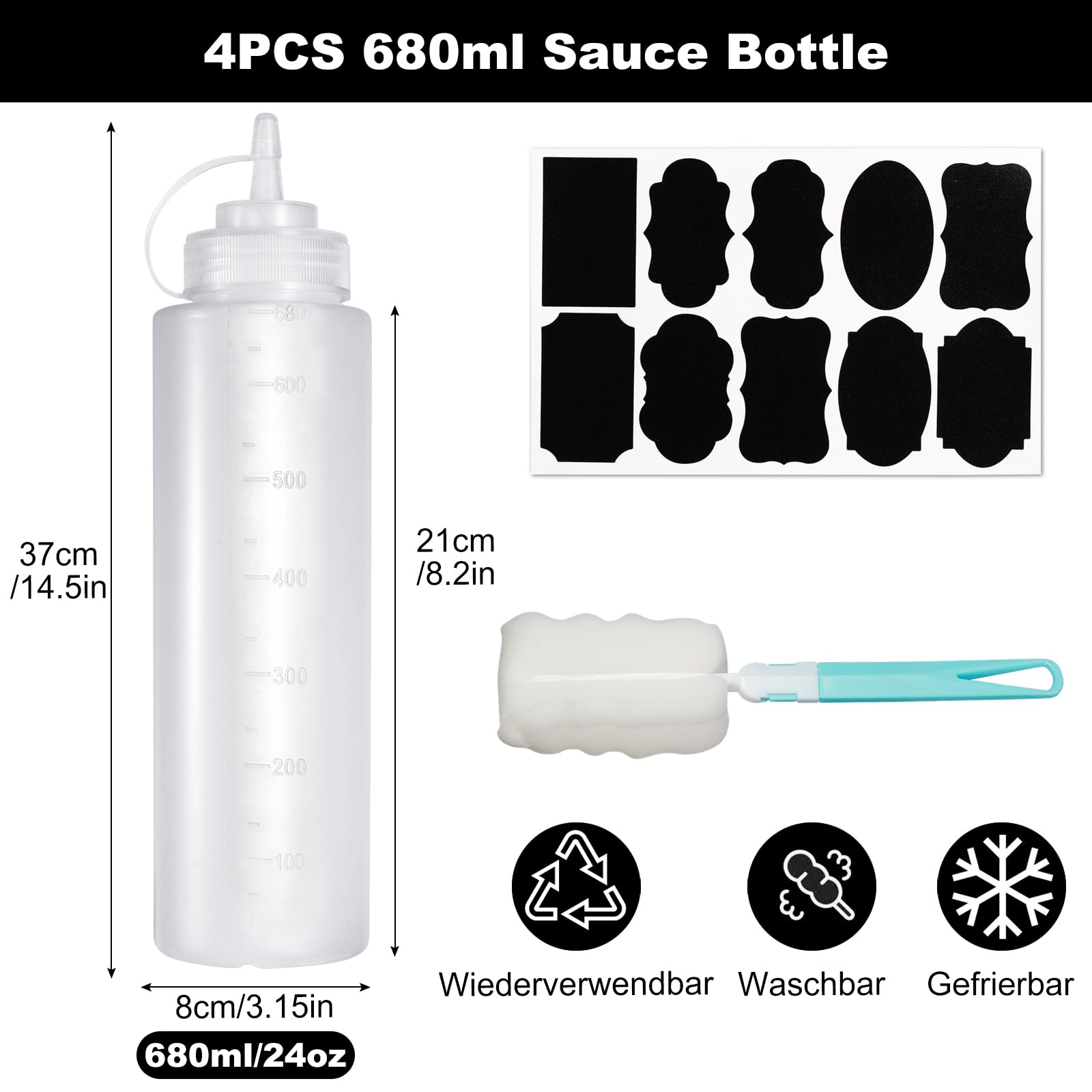 Furuising 4Pcs Large Sauce Bottle 680ML/24oz, Condiment Squeeze Bottles, Reusable Squeezy Bottles with Nozzles - Image 2