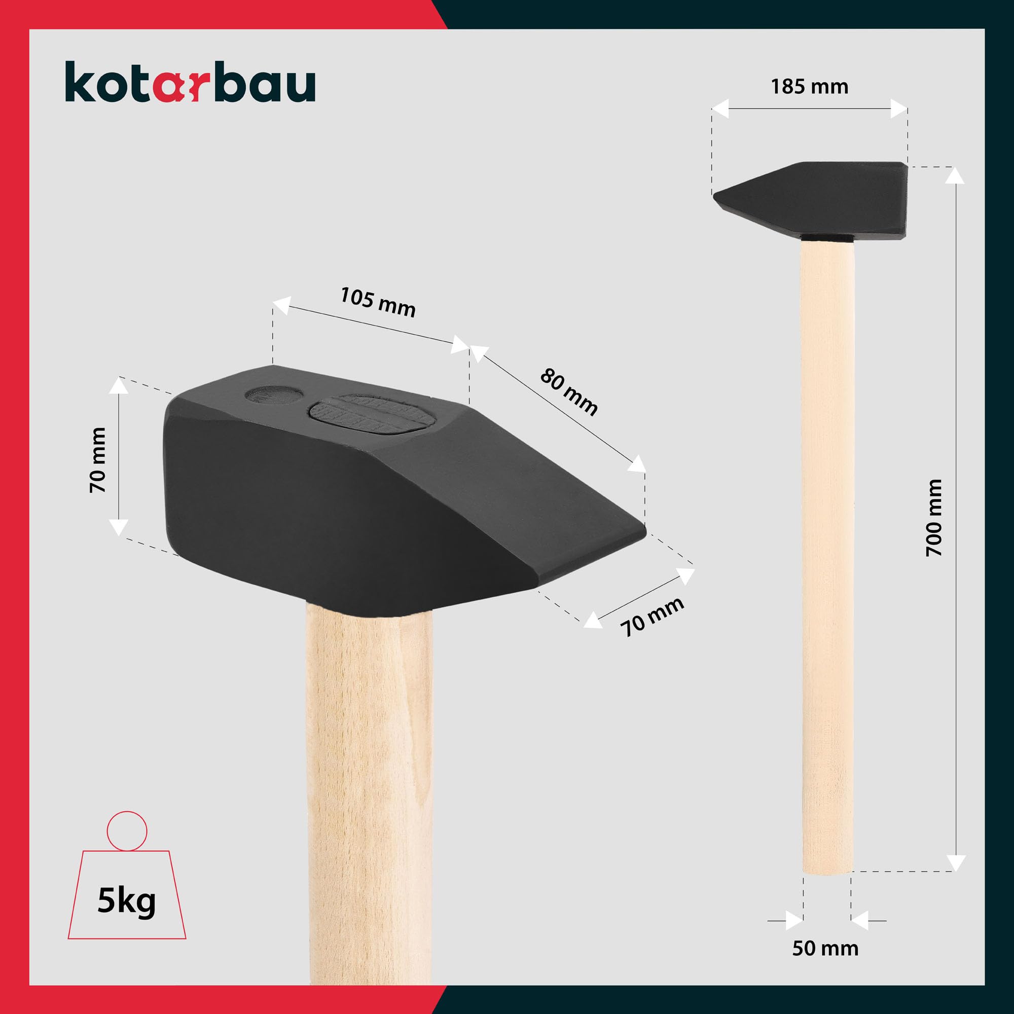 KOTARBAU® Martillo - 5 kg - Acero - Maza Cuña Leña - Maza Albañil - Mazo Demolicion - Machota Albañil - con Mango de Madera - 70 cm - Negro & Natural