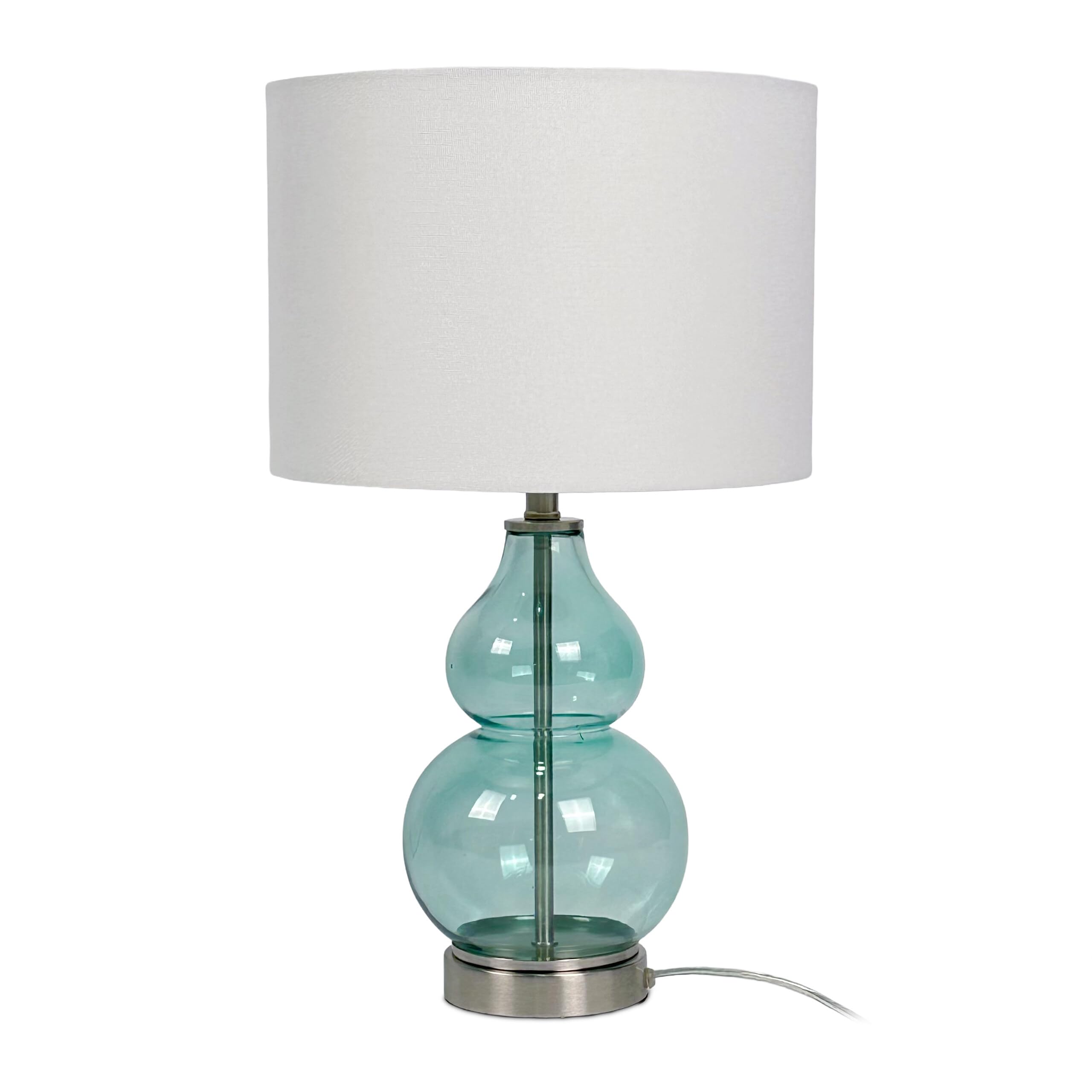 Relaxdays Table Lamp, Glass Base & Fabric Shade, E14, HxD: 44 x 26 cm, Bedside Lamp with Cable, Bedroom, White/Blue